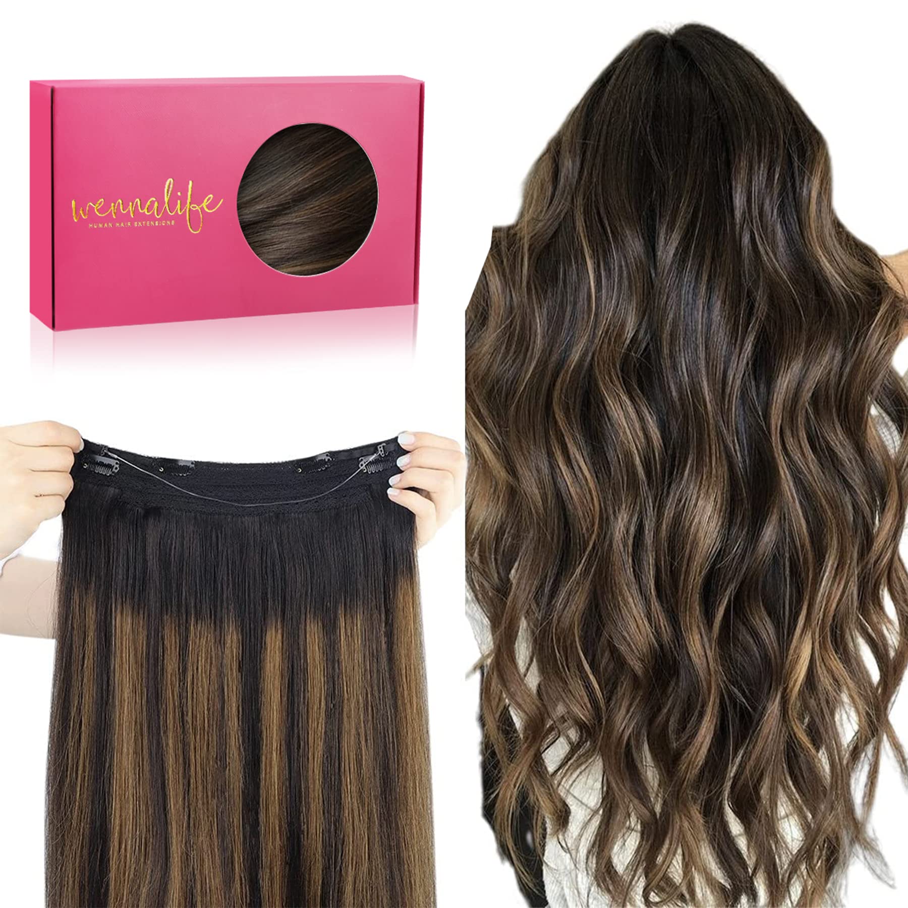 WENNALIFE Wire Hair Extensions (Increase 50% Lifespan) Real Human Hair 14 inch 75g Balayage Dark Brown to Chestnut Remy Invisible Transparent Fish Line — view 49