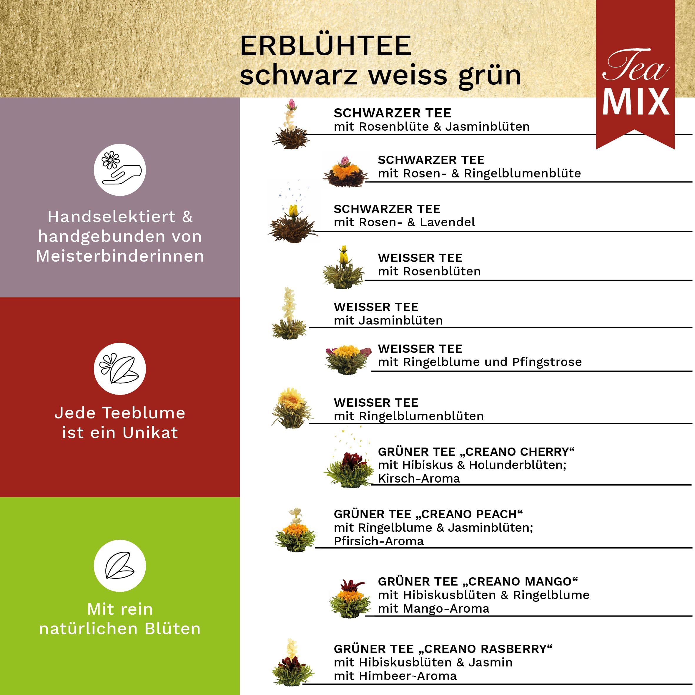 Creano Teeblumen Geschenkset in Teekiste aus Holz 12 Erblühtee in 11 Sorten weißer Tee, grüner Tee, schwarzer Tee, Teerosen, Geschenk für Frauen, Mutter, Teeliebhaber