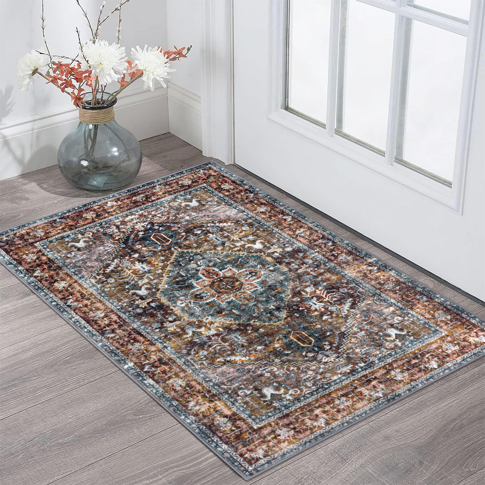 KOZYFLY Small Area Rug 2x3 Ft Rugs for Entryway Washable Boho Entry Rug Non Slip Door Mat Indoor Entrance Faux Wool Vintage Printed Kitchen Rug Throw Rugs for Entrance Kitchen, Brick Red/Orange/Green — image 1