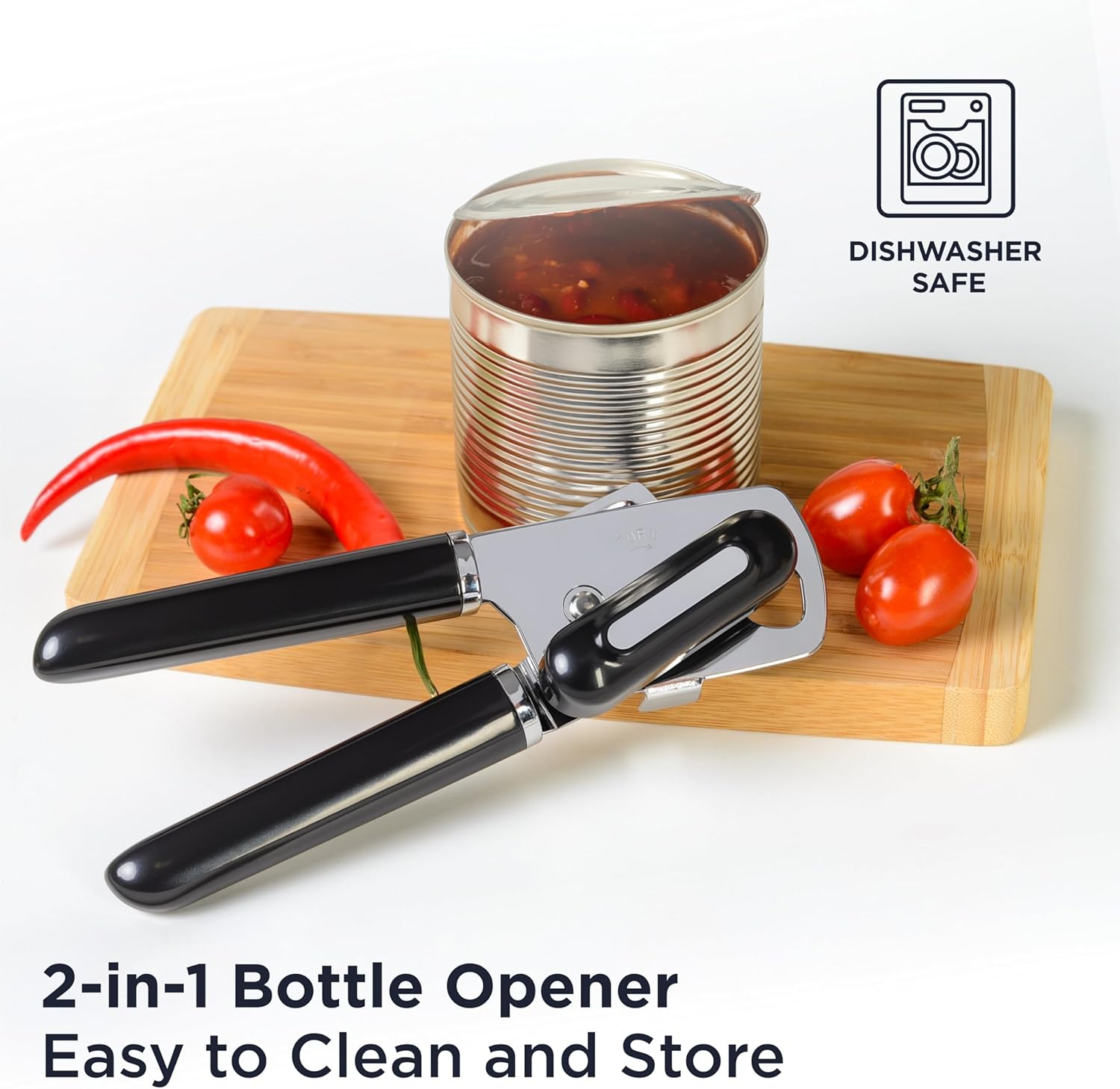 Image showing the Deiss PRO can opener next to an open can and tomatoes, with a 'Dishwasher Safe' icon.