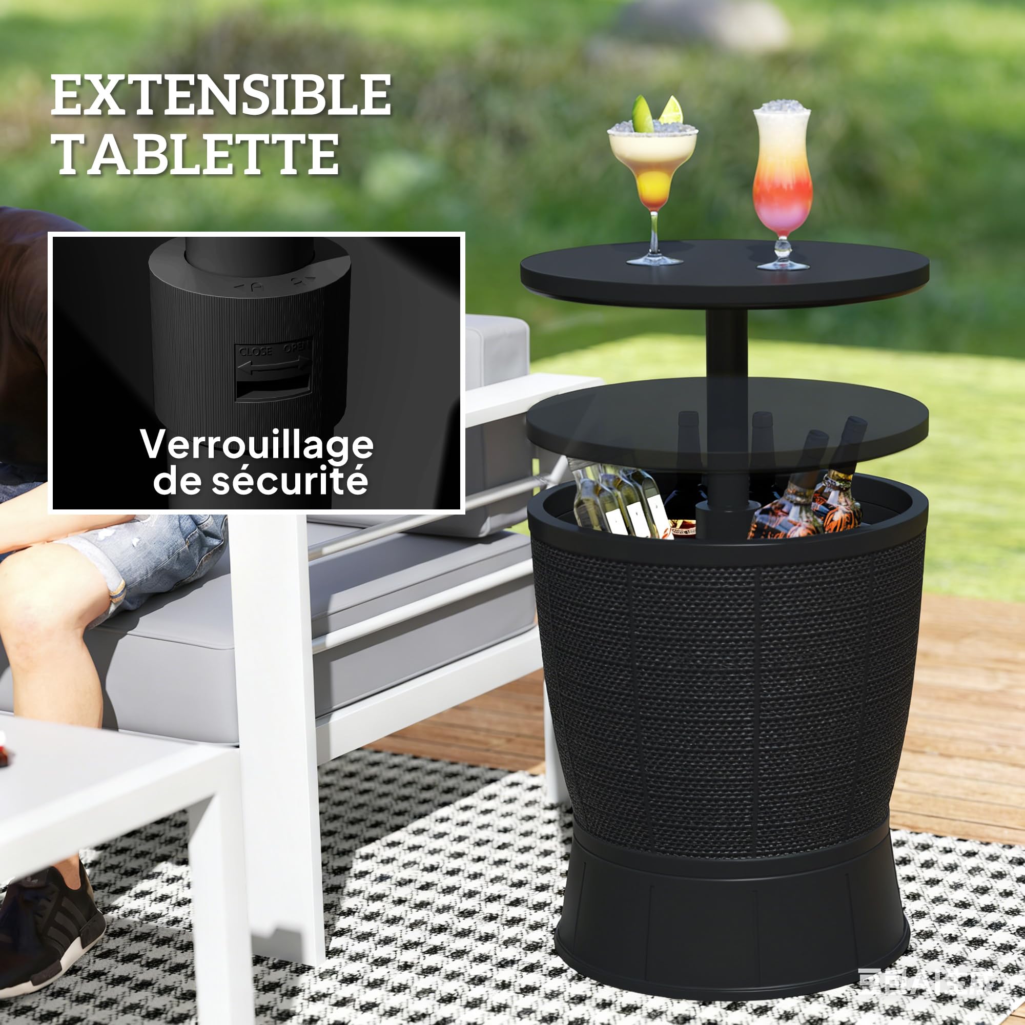 Outsunny Table à glacière 3 en 1, Table de Cocktail avec Seau à Glace, Plateau télescopique, pour bière, vin, Cocktails, Jardin, Ø 49 x 58-84 cm, Noir