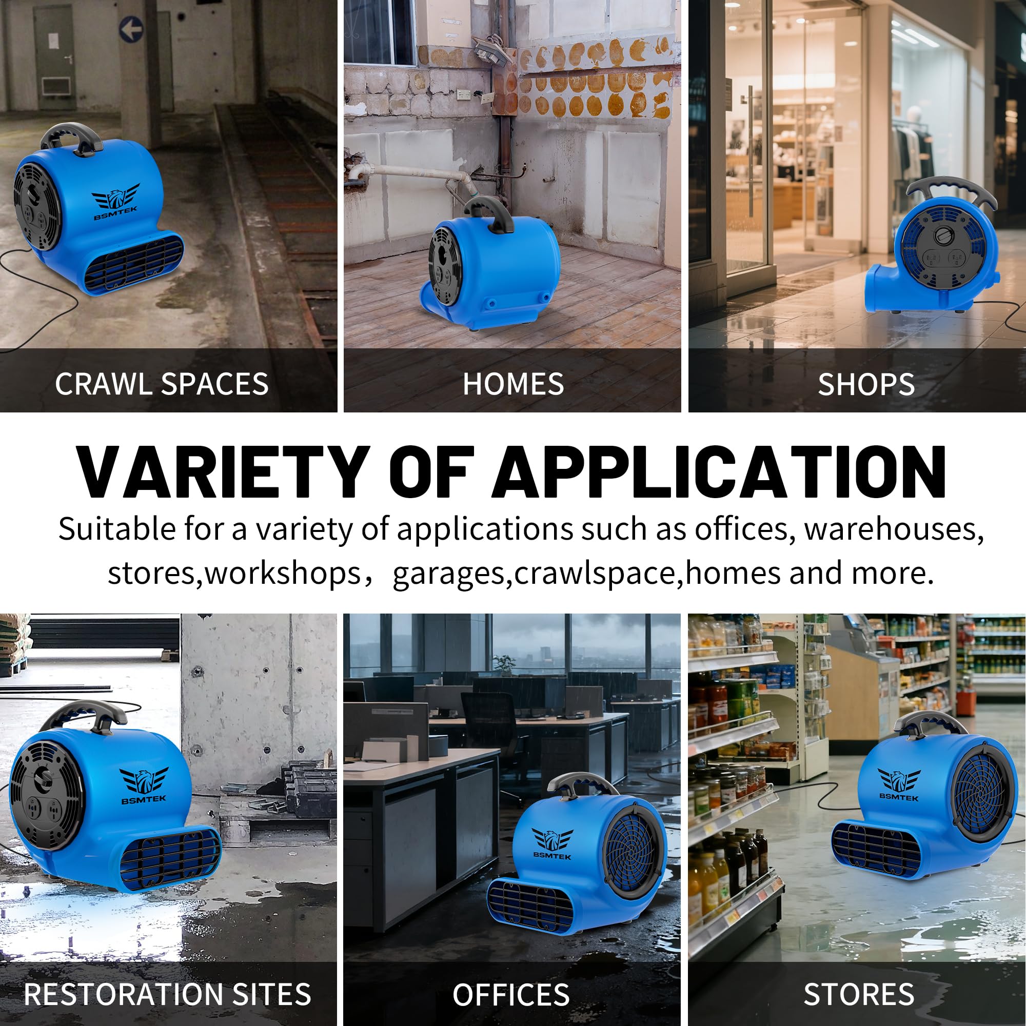 Ventilador Air Mover, BSMTEK Industrial 1/2HP 2500CFM, secador de alfombras, 3 velocidades con temporizador, 4 ángulos ajustables, cable de 15 pies de largo, apilable, actualizado en 2025