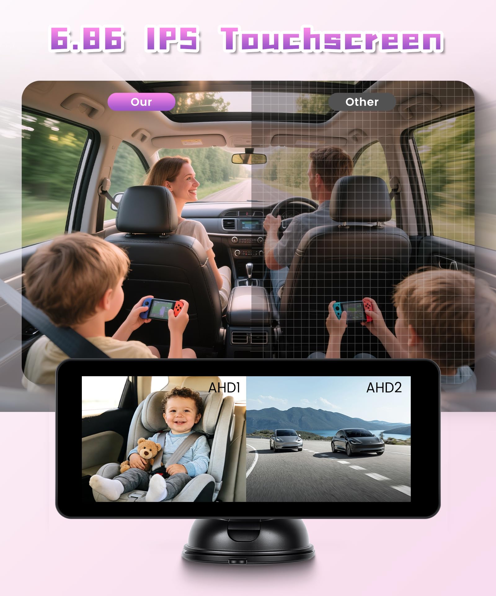 Rimoody Cámara de Coche para bebé con Cámara de Marcha Atrás con Matrícula, 6.86 Pulgadas Pantalla Dividida, Espejo de Coche para bebés con IR Visión Nocturna, 360° Giratoria Espejo Retrovisor de Bebé