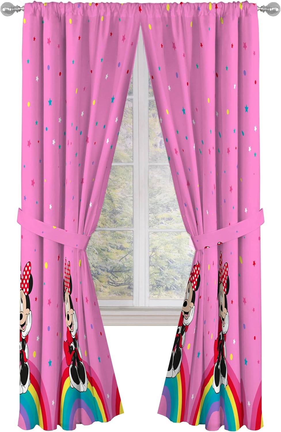 Sunny Side Up Window Curtains for Kids Bedroom 4-Piece Drape Set with 2 Tiebacks, Pink - Minnie Mouse, 42" W x 84" L (Pack of 2)