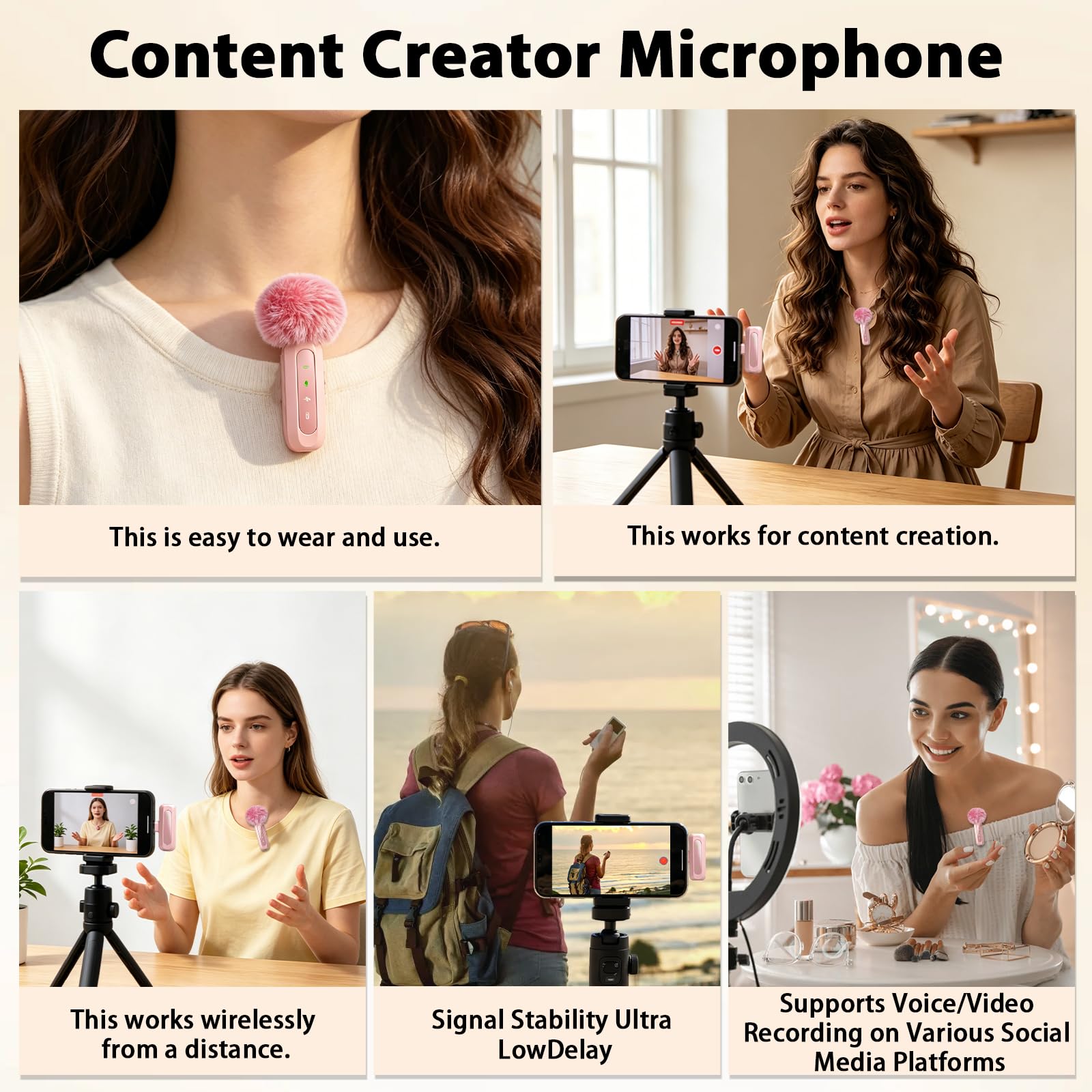 Microfono rosa per iPhone e connettore USB-C, microfono lavalier con cancellazione del rumore, display a LED e clip girevole, ideale per vlog, TikTok e creazione di contenuti