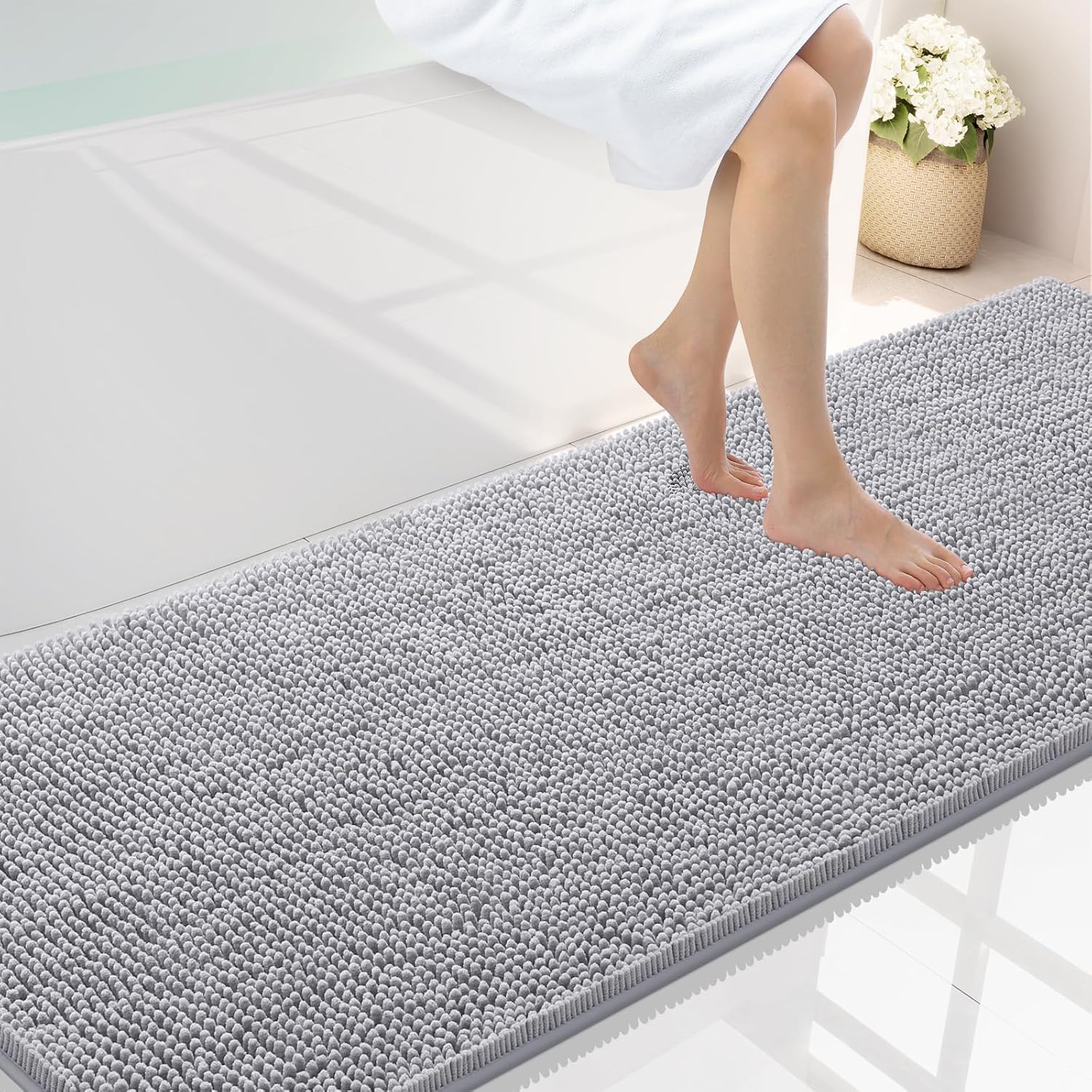 Smiry Luxury Chenille Bathroom Rugs 70x24, Extra Soft and Absorbent Shaggy Bath Mat, Machine Washable, Non-Slip Plush Carpet Runner for Tub, Shower, and Floor, Home Decor Accessories, Light Grey