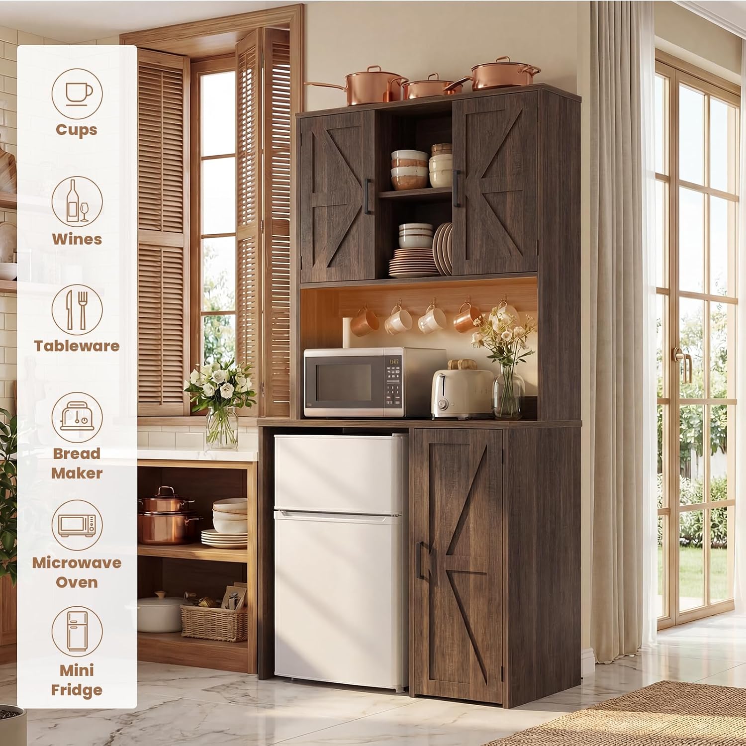 Unikito Mini Fridge Cabinet with Storage, Coffee Bar Cabinet with Outlet & Led Light, Wine Bar Stand with Mini Fridge Space & Microwave Shelf, Beverage Station for Kitchen Dorm Office, Weathered Brown