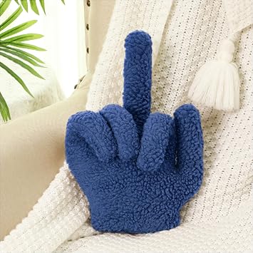 Menkxi Small Middle Finger Decorative Pillow 13.78 x 9.84 in Funny Shaped Sherpa Fleece Throw Pillow Warm Soft Emoticon Cushion Middle Finger Decor for Couch Gag GiftNavy Blue