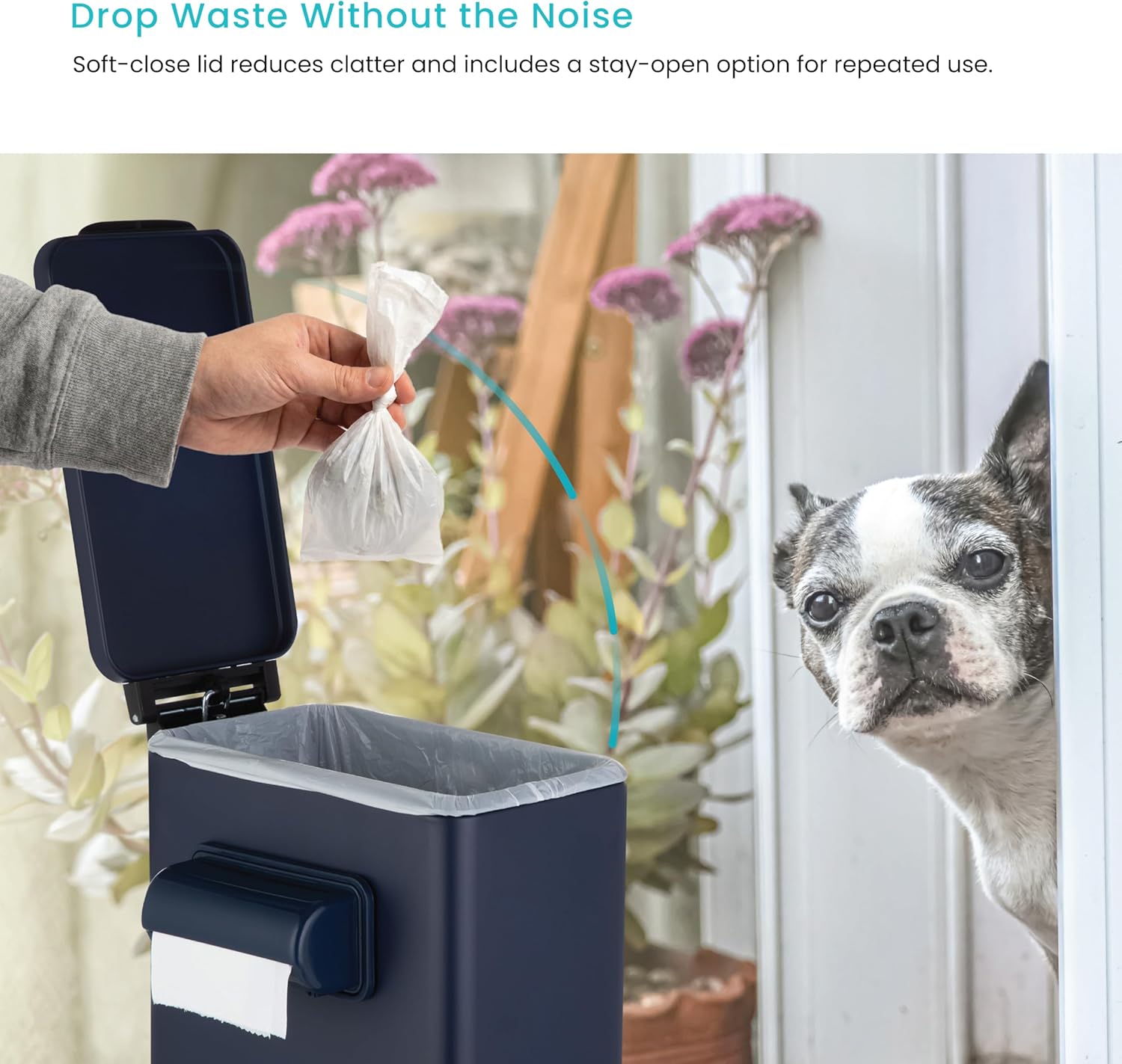 Home Zone Living 3 Gallon Slim Rectangular Dog Waste Trash Can with Bag Holder, Stainless Steel, Matte Navy