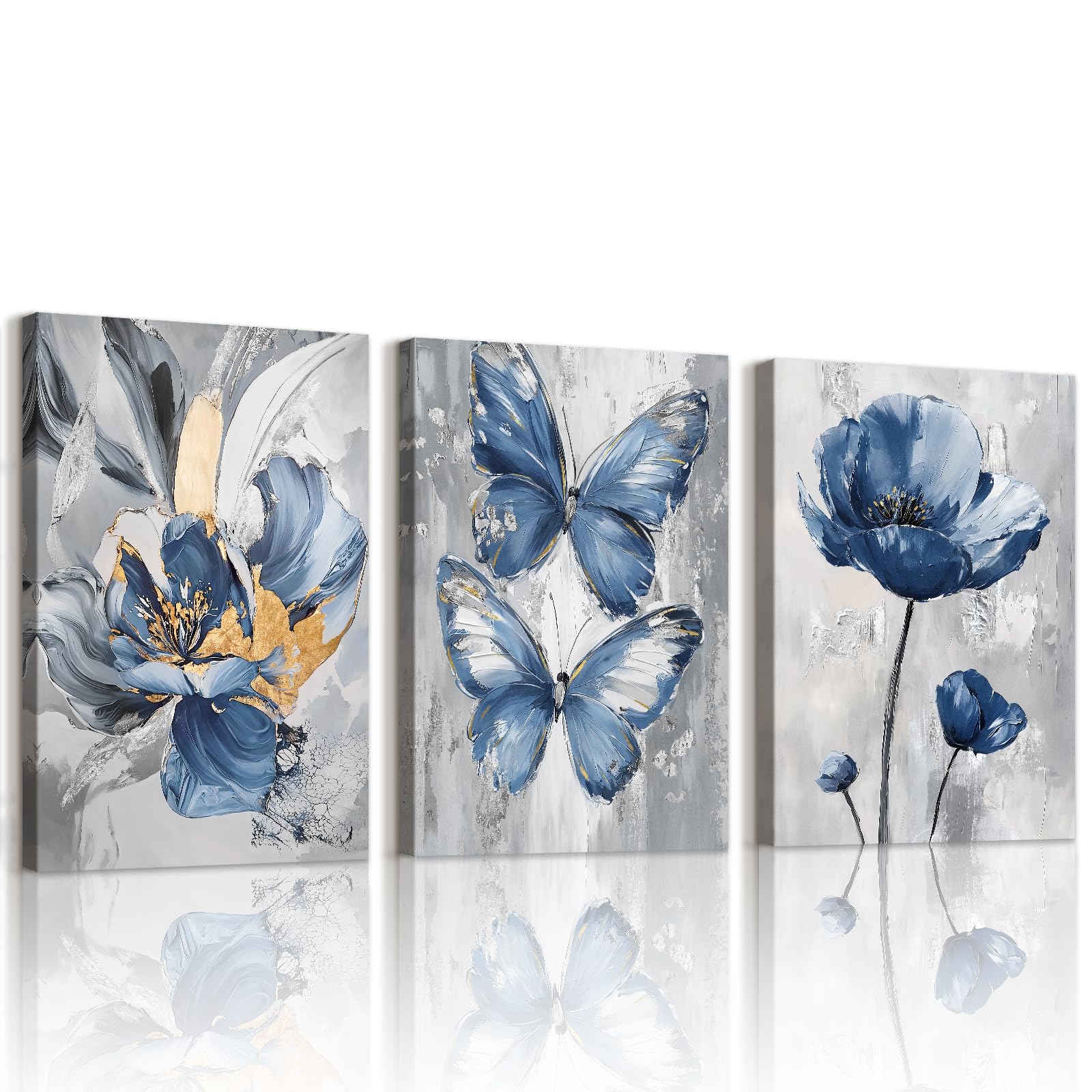 WENGTIAO Set of 3 Blue Butterfly Flowers Canvas Wall Art Prints Framed Pictures Vintage Abstract Floral Painting on Canvas Living Room Bedroom Home Wall Decor Ready to Hang 50x70cmx3