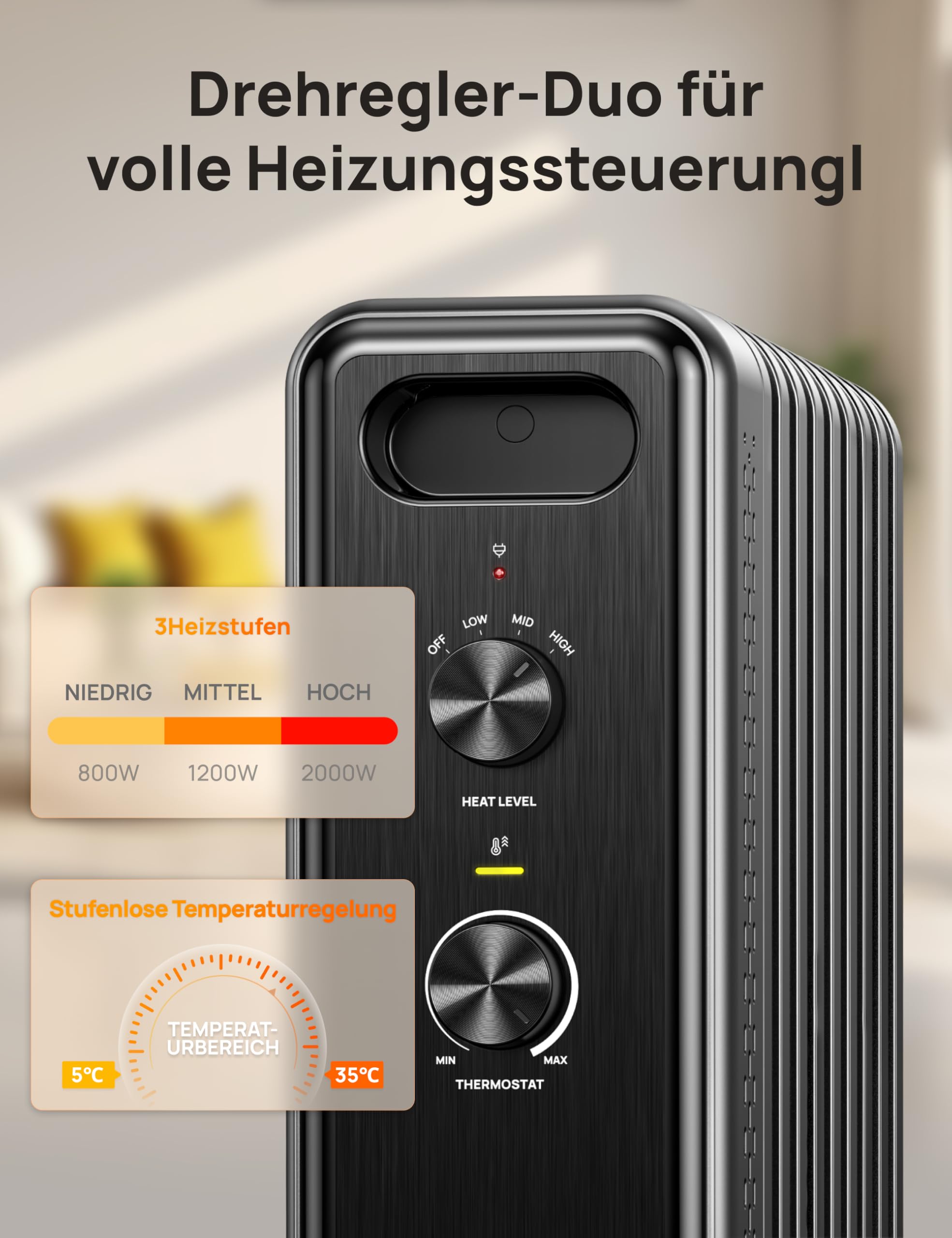Dreo Ölgefüllter Radiator-Heizkörper mit 9 Rippen, 2000W Leiser Elektrischer Heizstrahler fürs Schlafzimmer, Überhitzungs- & Kippschutz, Einstellbares Thermostat, Kindersicherung, Energiesparend