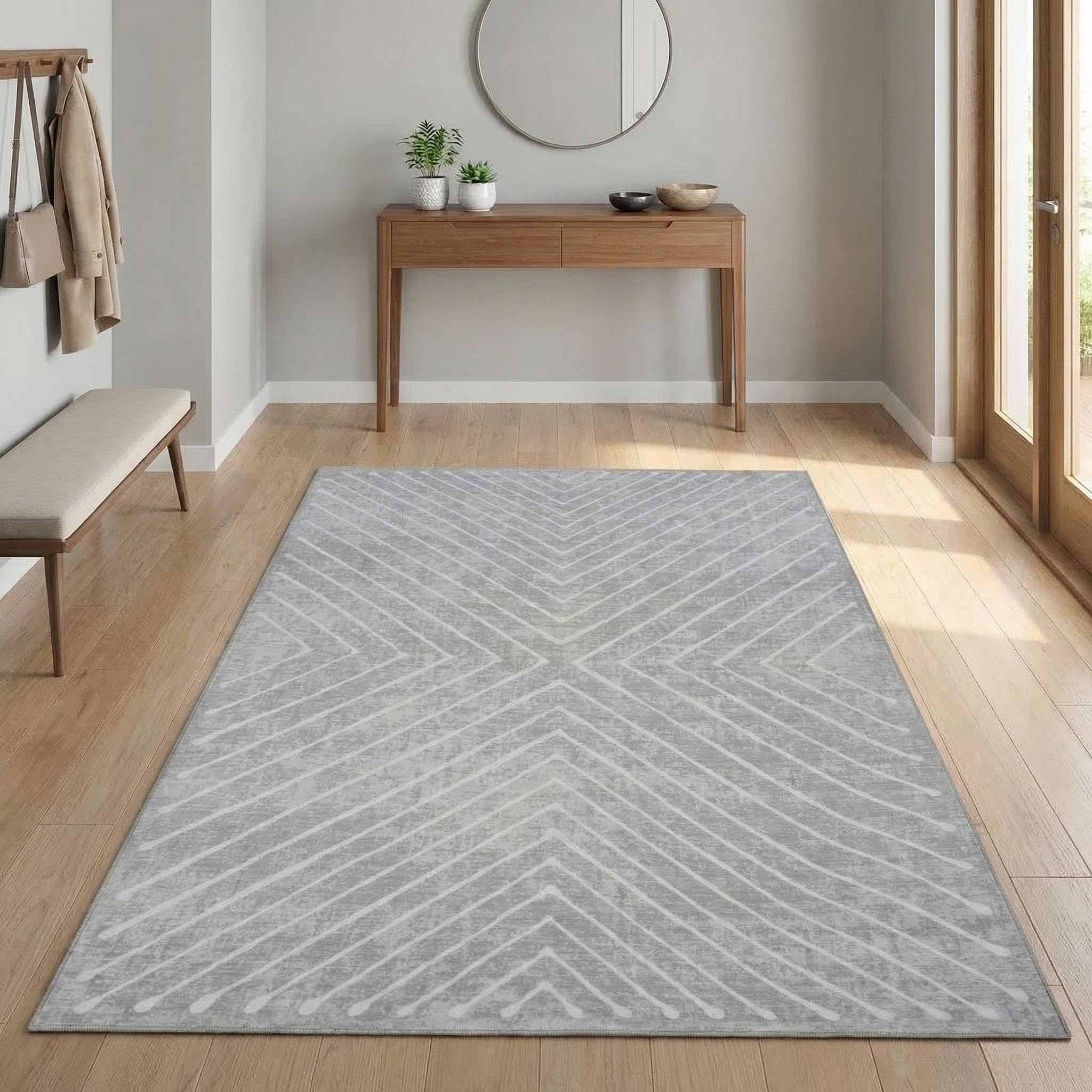 Garvee Modern Geometric Area Rug, Washable Low Pile Carpet, Non-Slip for Living Room, Bedroom, Kitchen, Entryway, Pet & Kid Friendly, Light Grey(80 * 150Cm)