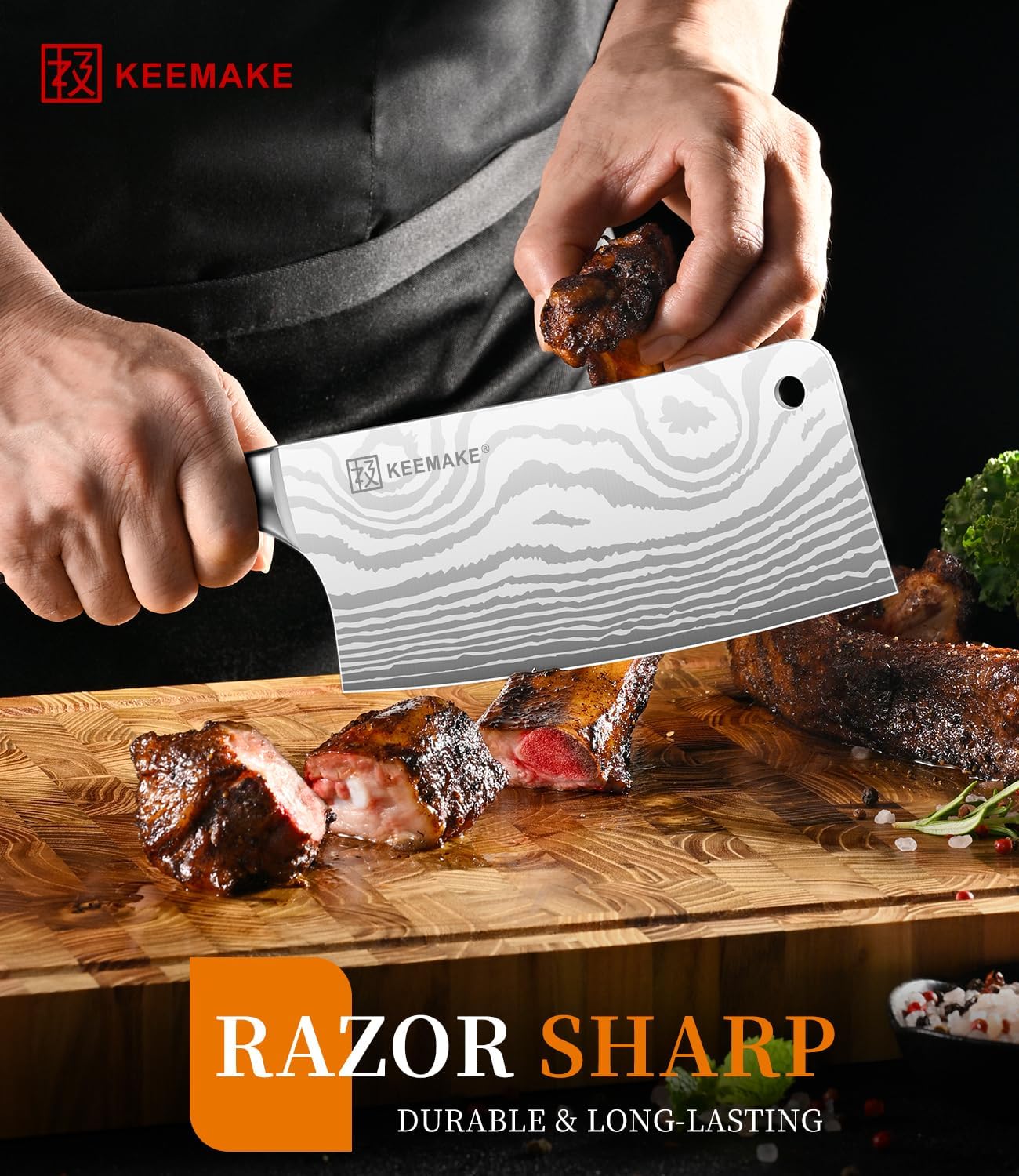 KEEMAKE Meat Cleaver Knife 7-Inch Razor Sharp High Carbon Steel Kitchen Knife, Butcher Knife Perfect for Chopping Meat & Veggies, Pakkawood Handle Ideal for Home & Professional Chefs, W/Sheath - Image 4