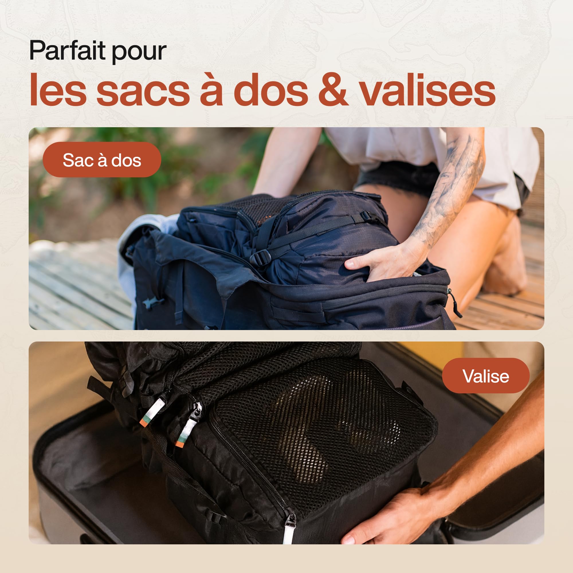 TRAVEL DUDE Compartimenteur de valise à susprendre, avec compression, en plastique recyclées | Cube d'emballage suspensible pour sac à dos | Sacs d'emballage portatifs pour sacs de voyage | Noir