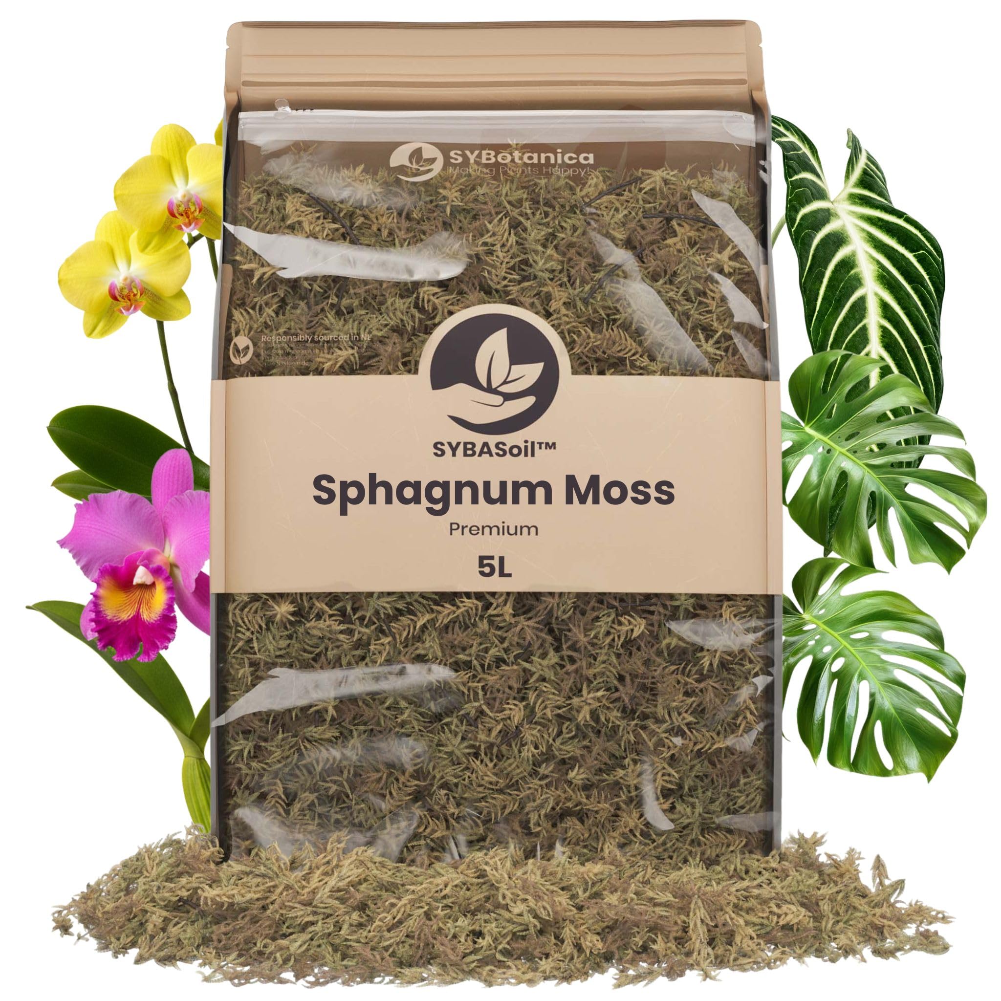Sybotanica - Musgo Sphagnum 5L - Sustrato Natural para Orquídeas y Terrarios - Retiene la Humedad - Favorece el Crecimiento de Raíces - Ideal para Amantes de Las Plantas de Interior