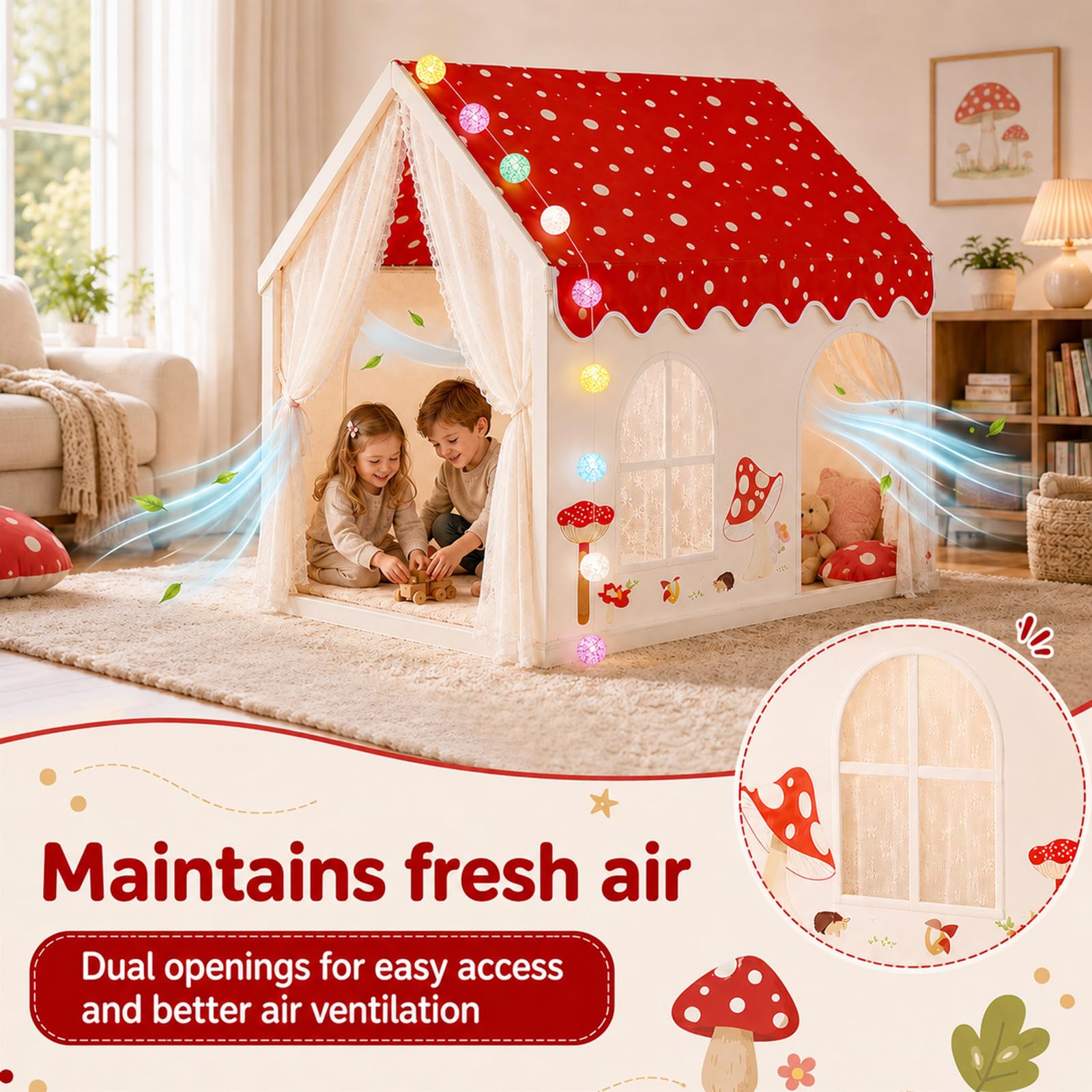 2 Türen Kinderzelt Indoor, Kinder Spielhaus Indoor, Kinder Bettzelt Spielzelt für Drinnen, Kinderspielhaus Kuschelecke Prinzessin Zelt mit Fenstern Lichterkette für Jungen Mädchen 105x160x128cm