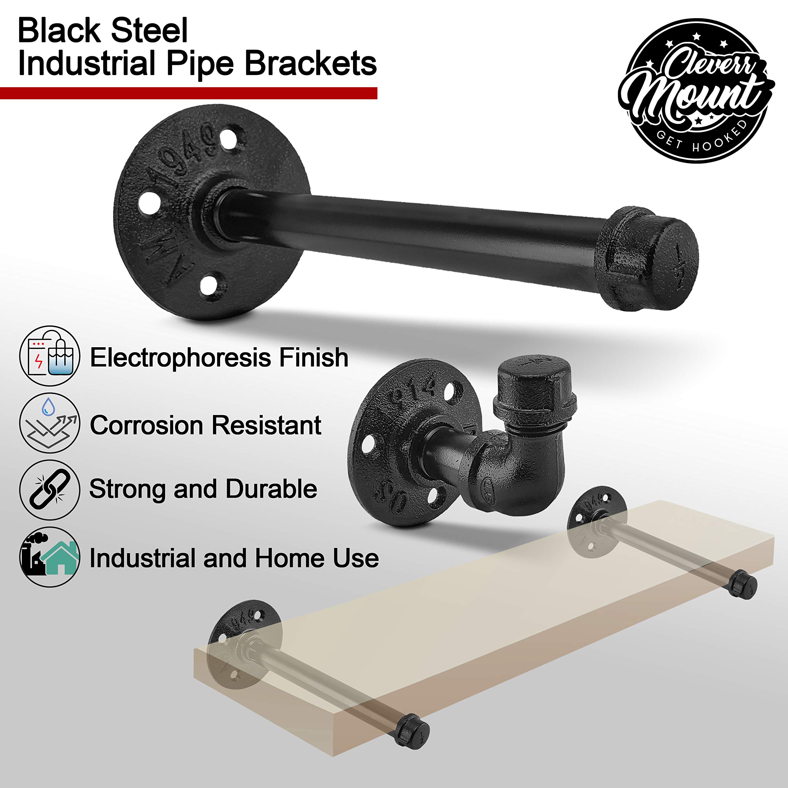Set of 6 Black Iron Pipe Floating Shelf Bracket 8 Inch (Bonus 2 Hooks