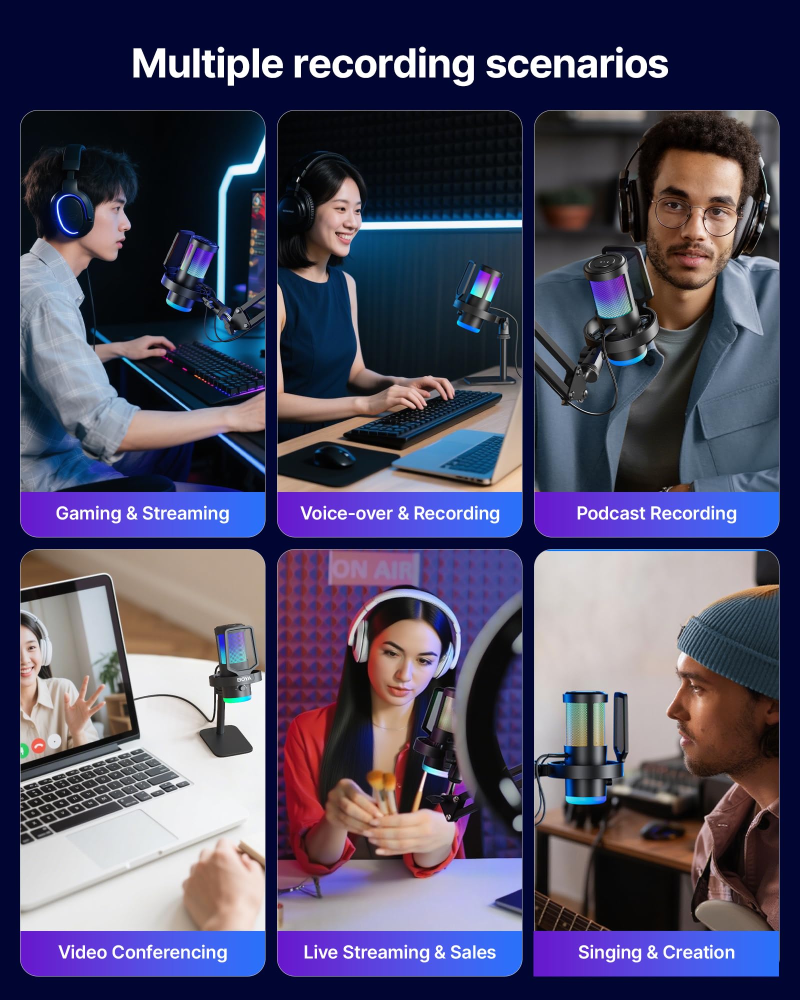 BOYA G30 Microphone Gaming USB PC/PS4/PS5, 192/96/48 kHz, 24/16 Bits, RGB, Réduction de Bruit, Mute, Contrôle du Gain, Monitoring, Filtre Anti-Pop, Micro à Condensateur pour Streaming et Podcast