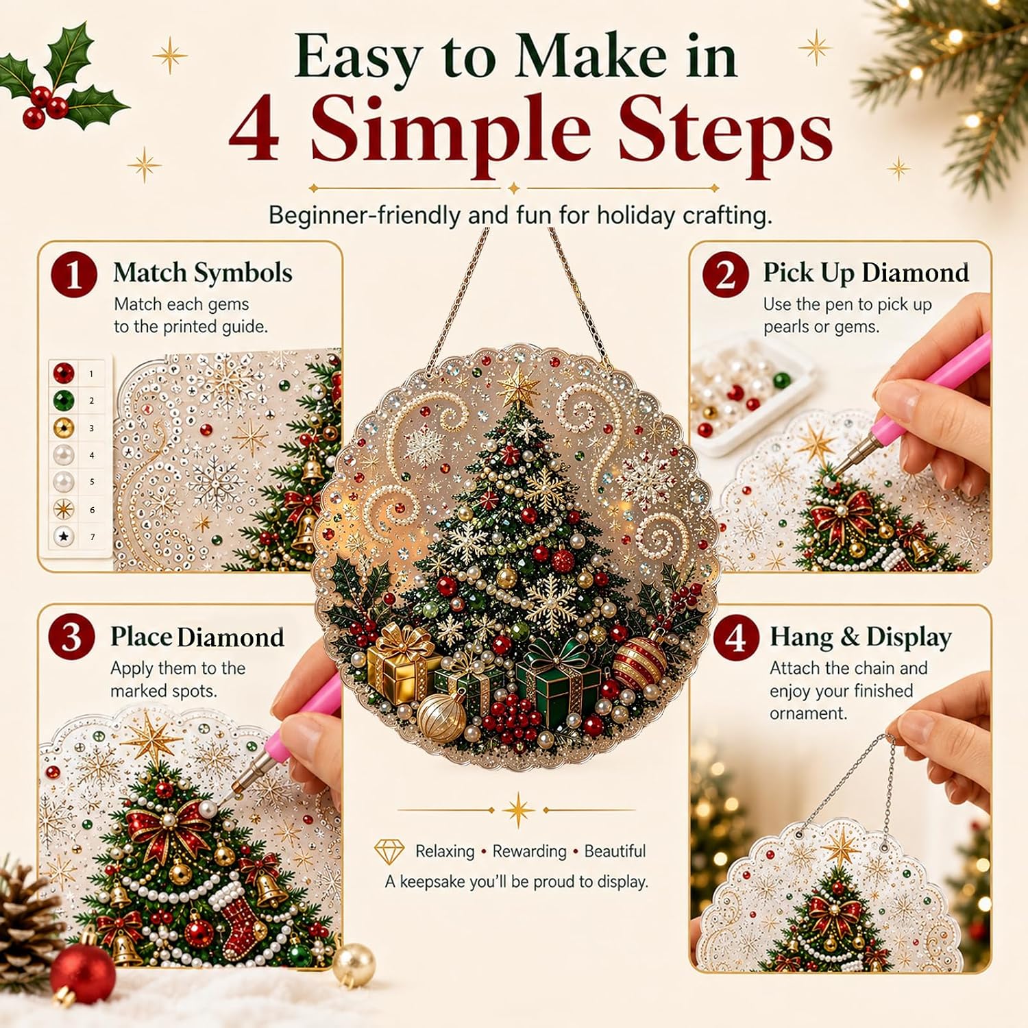 CPZYCDA 2PC Christmas Pearl Diamond Painting Suncatcher Kit for Adults(8IN)