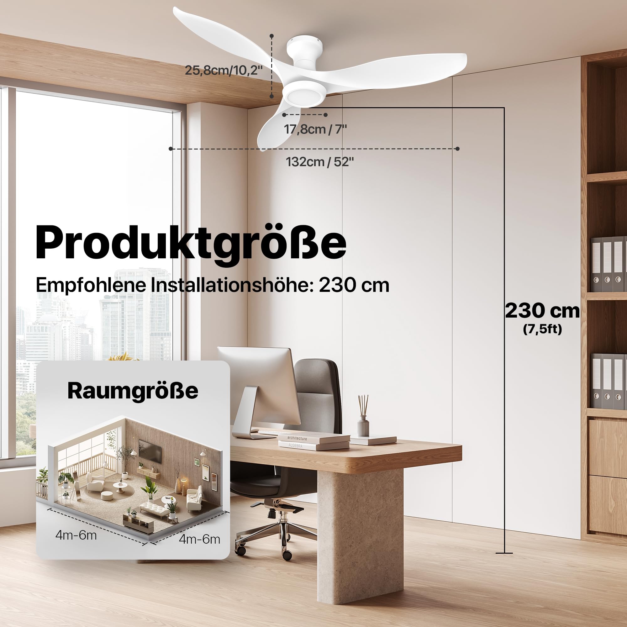 Ensenior Deckenventilator mit Beleuchtung 132cm, Leiser DC-Motor, 6 Geschwindigkeiten & 3 Lichtfarben, Deckenlampe mit Ventilator Fernbedienung für Schlafzimmer Wohnzimmer - Weiß