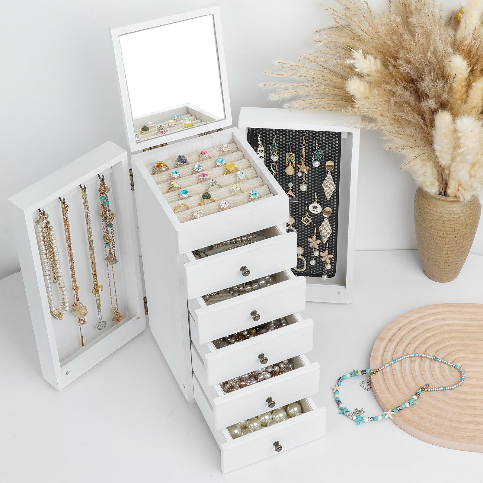 White Wooden Jewelry Box With Mirror Top - Jewelry Organizer For Necklaces, Rings, Bracelets (6x10x10 Inches)