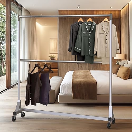 Miniatura 6 de Simple Houseware Estante para ropa de doble barra con base en Z de grado comercial, carga de 600 libras, 63 pulgadas, plateado