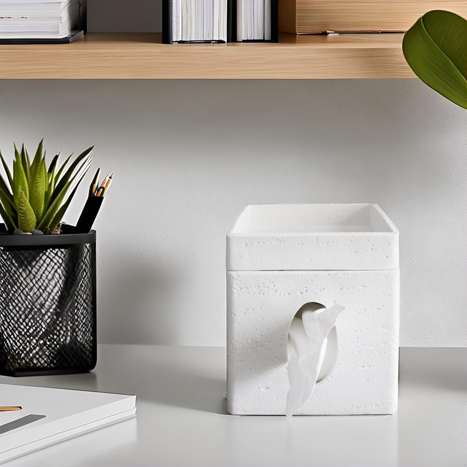 Hymmah Tray Tissue Box Cover Holder Unique Cube Design Tissue Dispenser Cover Decor for Vanity Counter Tops Also Great for Bedroom and Living Room White