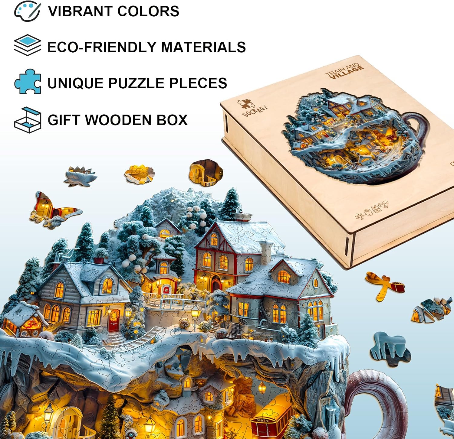 Wooden Puzzles for Adults - Train and Village Wooden Jigsaw Puzzle - Unique Animal Shaped Wood Puzzles Adult - Christmas Birthday Gifts for Adults/Friends/Family - 165pcs 11.4 * 10.6in
