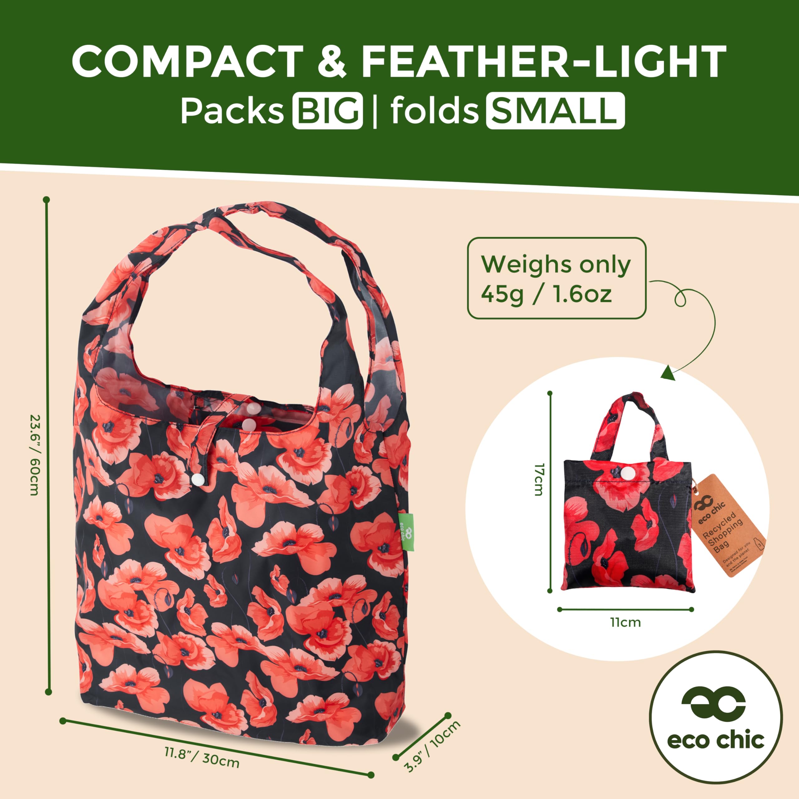 Eco Chic Lightweight Foldable Reusable Shopping Bag Water Resistant Tote Bag (Poppies Navy) - Image 3