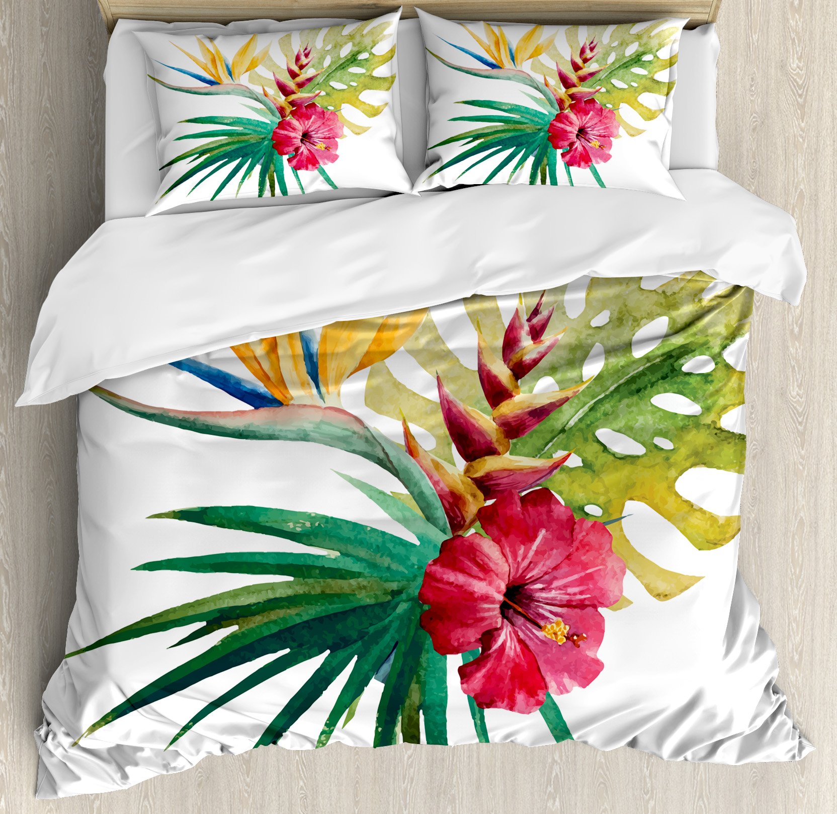Ambesonne Floral Duvet Cover Set, Wild Tropical Orchid Flower Large Leaves Exotic Tropic Petals Picture, Decorative 3 Piece Bedding Set with 2 Pillow