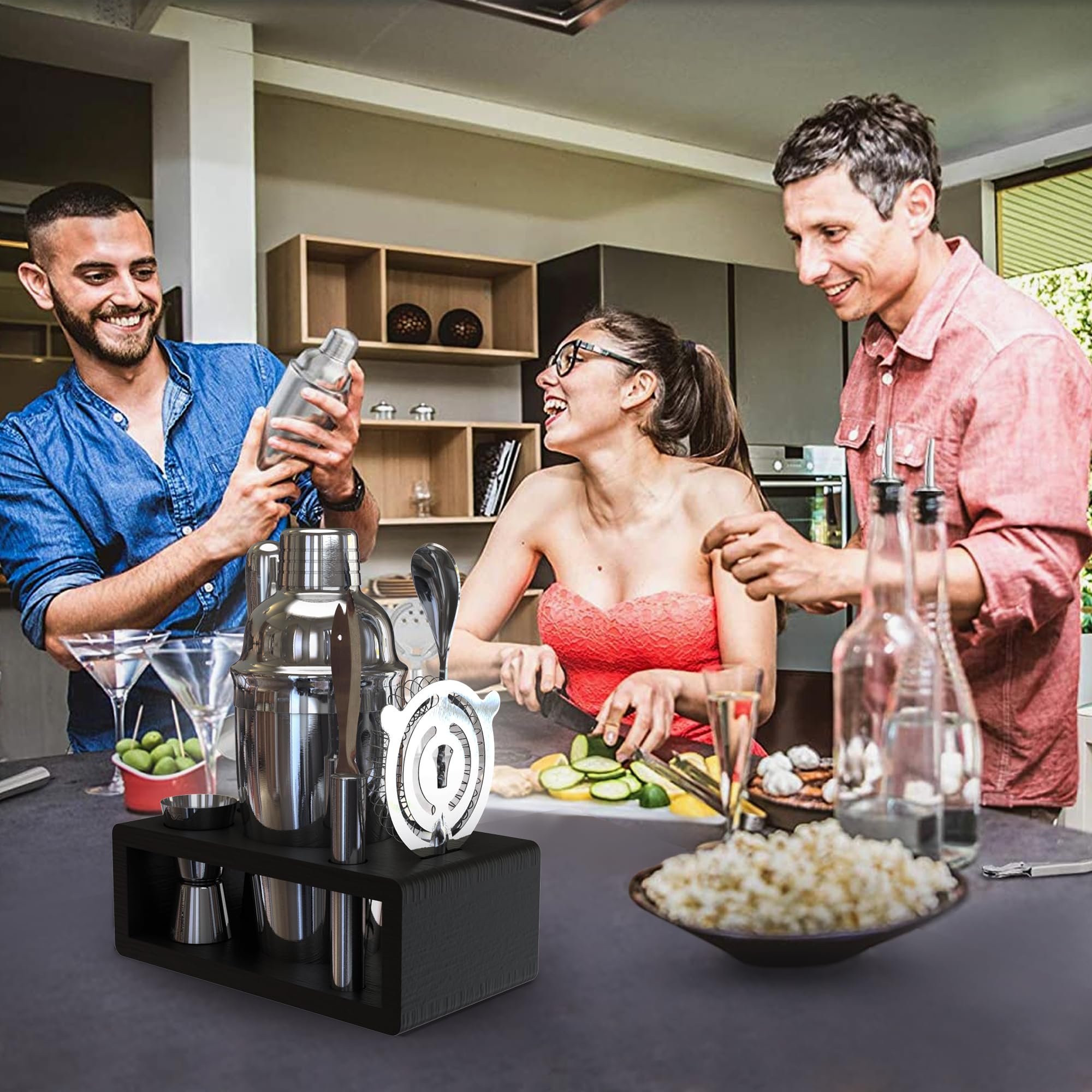 Highball & Chaser Kit Barman Elite Con Elegante Supporto In Bambù - Set Shaker Per Cocktail In Acciaio Inossidabile Con Strumenti Da Bar Antiruggine. Set Bar Perfetto Per Bar Da Casa (Argento)