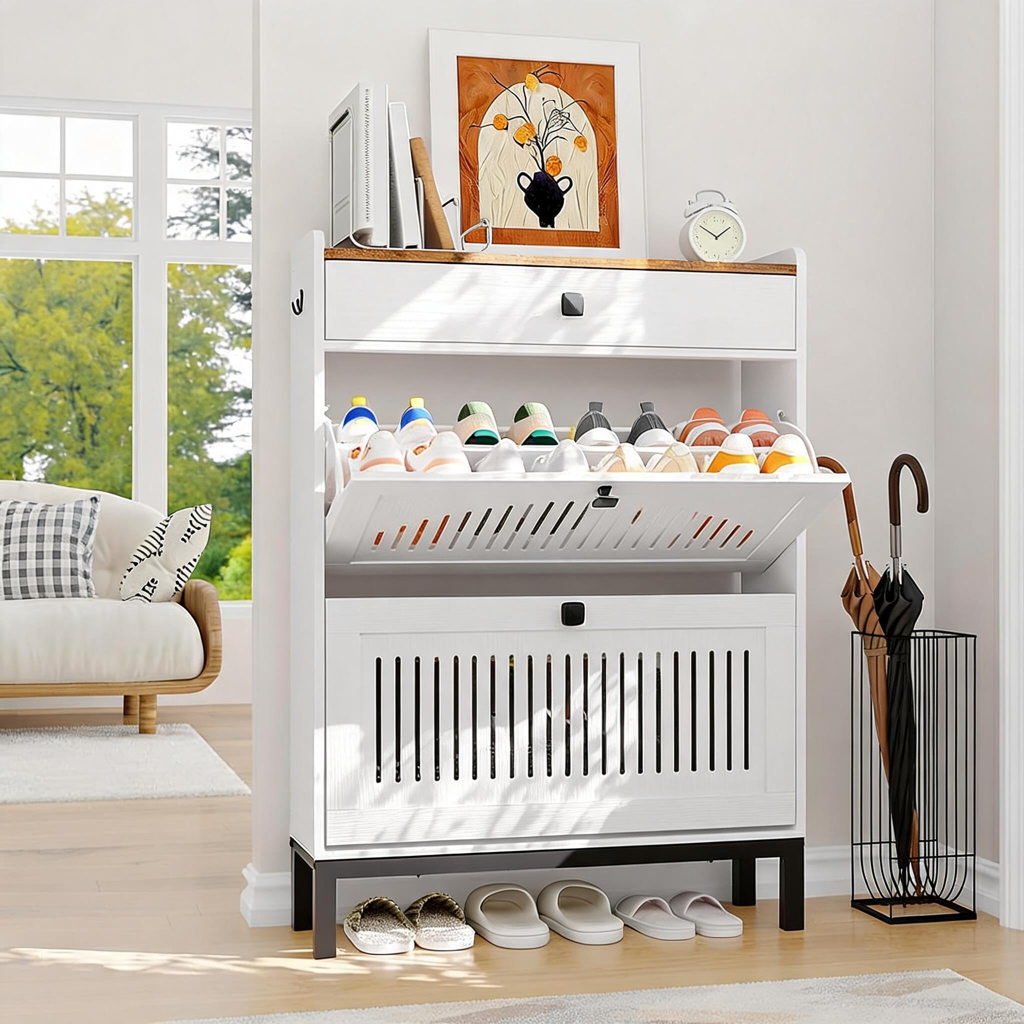 Garvee Modern Wooden Shoe Cabinet with 2 Turn over Drawers, Shoe Storage Cabinet with Adjustable Shelves and Large Hidden Compartment, Space-Saving Freestanding Organizer for Entryway, Hallway,White