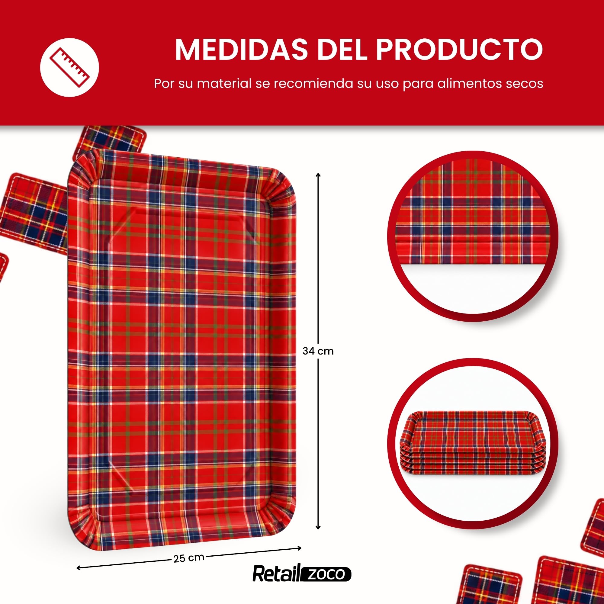 Bandejas de Cartón para Servir, Diseño Cuadros Escoceses, 24 Unidades - imagen 4