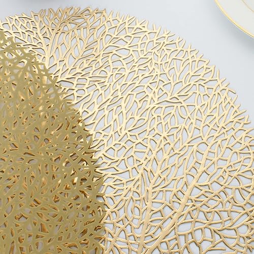 Miniatura 4 de Evevda Juego de 6 manteles individuales redondos dorados para mesa de comedor, antideslizantes, con diseño de árbol, manteles individuales de vinilo