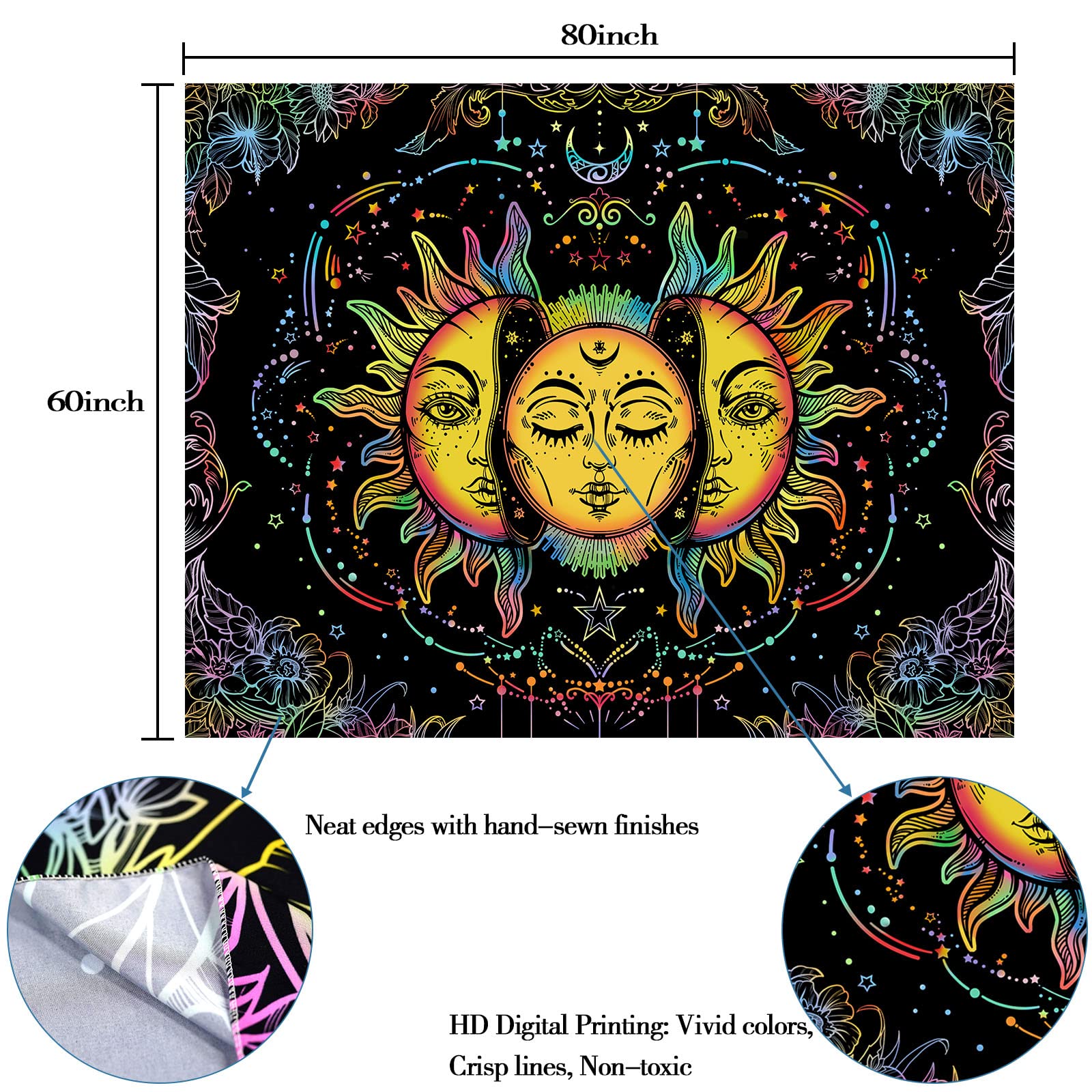 SANYOCZH Arazzo estetico per camera da letto, sole, luna, stella, grande astrologia da appendere alla parete, decorazione psichedelica bianca e nera, decorazione mistica da parete per casa, camera da