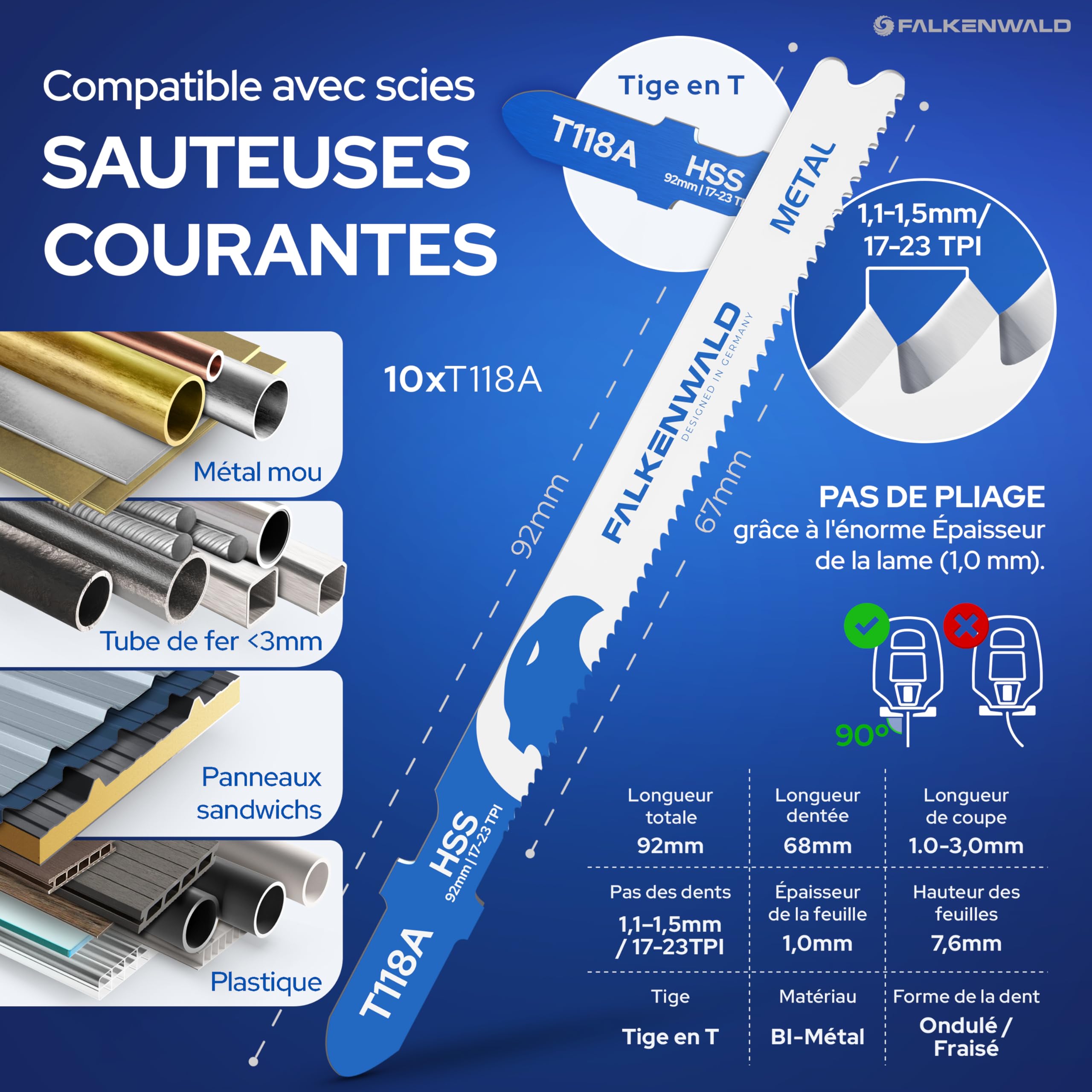 FALKENWALD Lot de 30 lames de scie sauteuse 20 x bois + 10 x métal – Tige en T HCS & HSS – Pour bois tendre, bois dur, stratifié, plastique et métal – Compatible avec Bosch et scies sauteuses