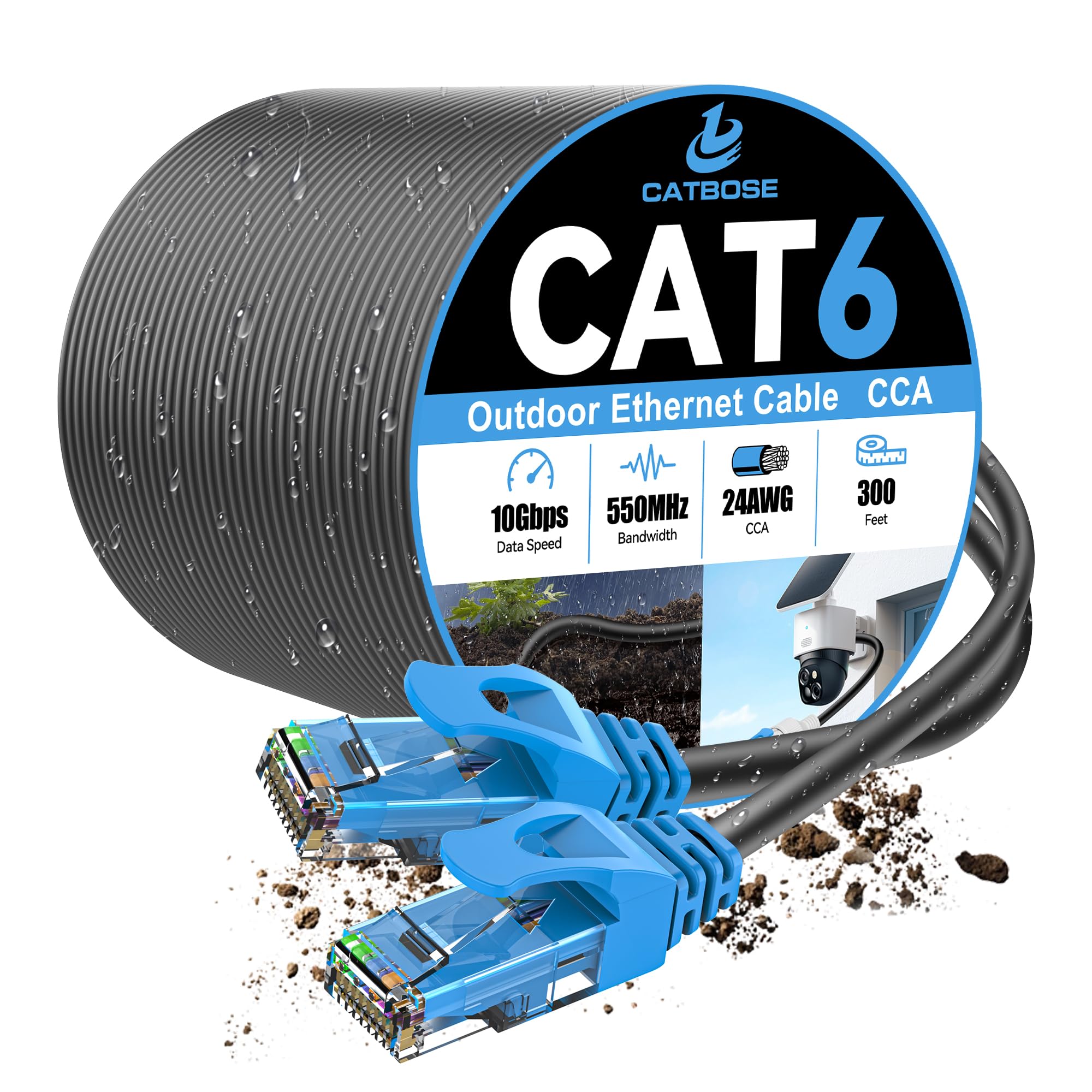 Cavo Ethernet da esterno Cat6 da 90 m, interramento diretto resistente, cavo solido CCA 24AWG, POE, UTP, impermeabile, resistente ai raggi UV LLDPE, rete, Internet, LAN, cavo patch Cat 6, 100