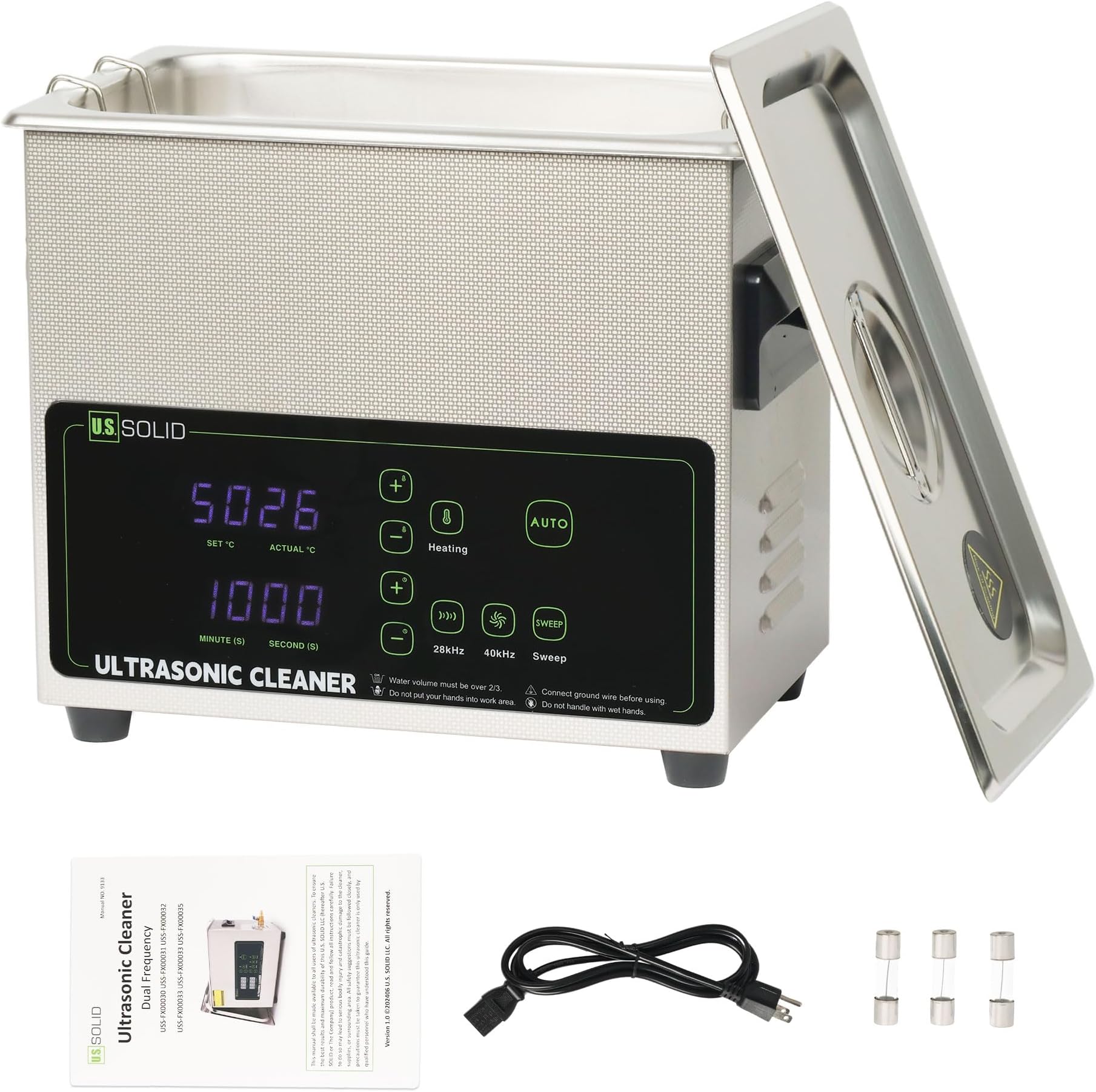 U.S. Solid 3L Ultrasonic Cleaner - 28/40kHz Dual-Frequency Digital Ultrasonic Cleaning Machine with Heater, Timer, and Degas Function