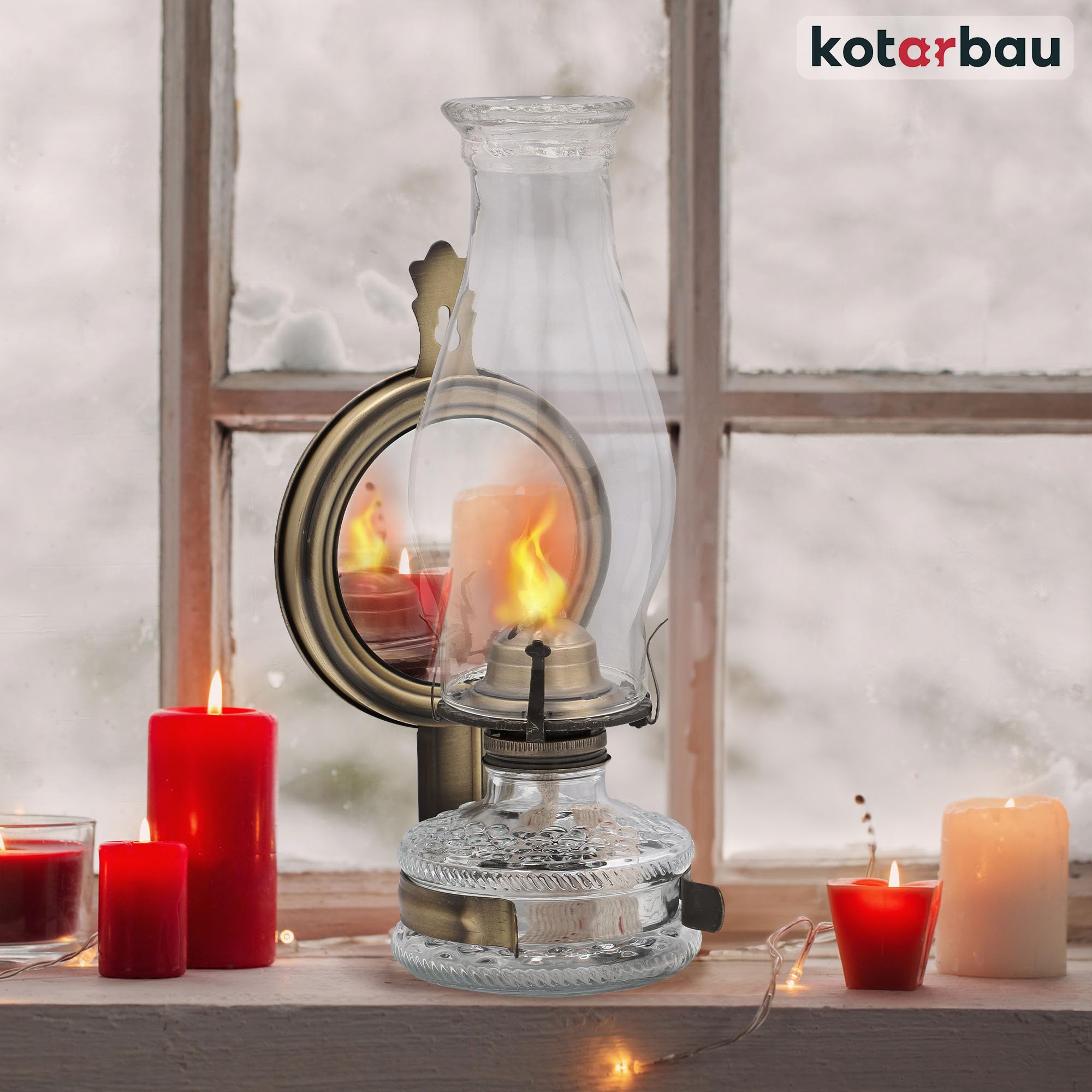 KOTARBAU® Lampada a Cherosene in Vetro Con Specchio Vecchio Ottone Massiccio - Lampada da Campeggio, a Benzina, a Olio - Lanterna Vintage per Balcone