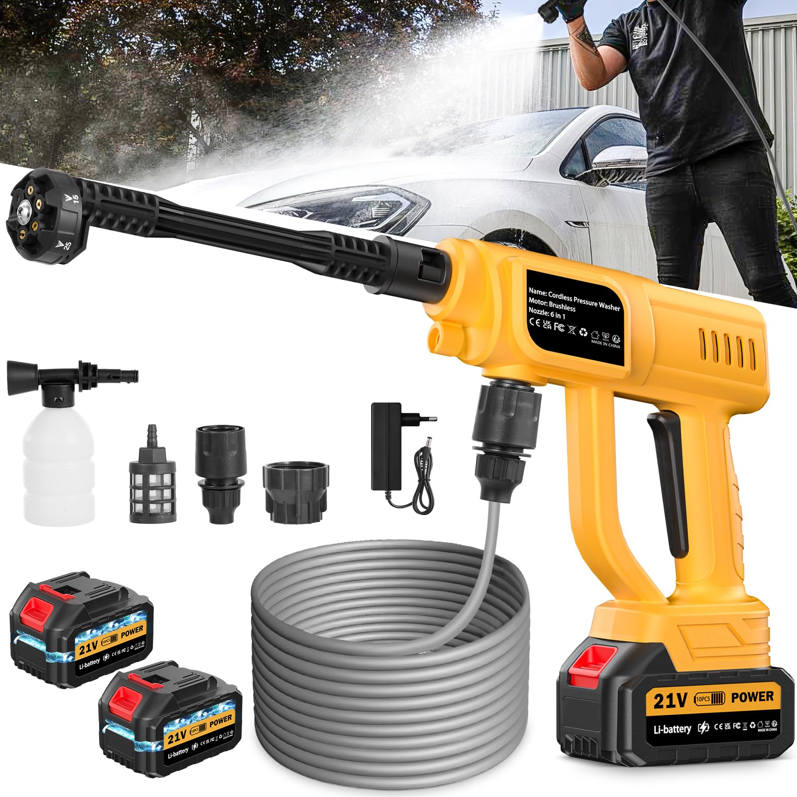 Idropulitrice a Batteria, 21V 120Bar Idropulitrice Mobile, Idropulitrice a Batteria con 2 Batterie&Ugello 6-in-1&Tubo da 5M, Idropulitrice Senza Fili Portatile per Auto/Terrazza/Finestre