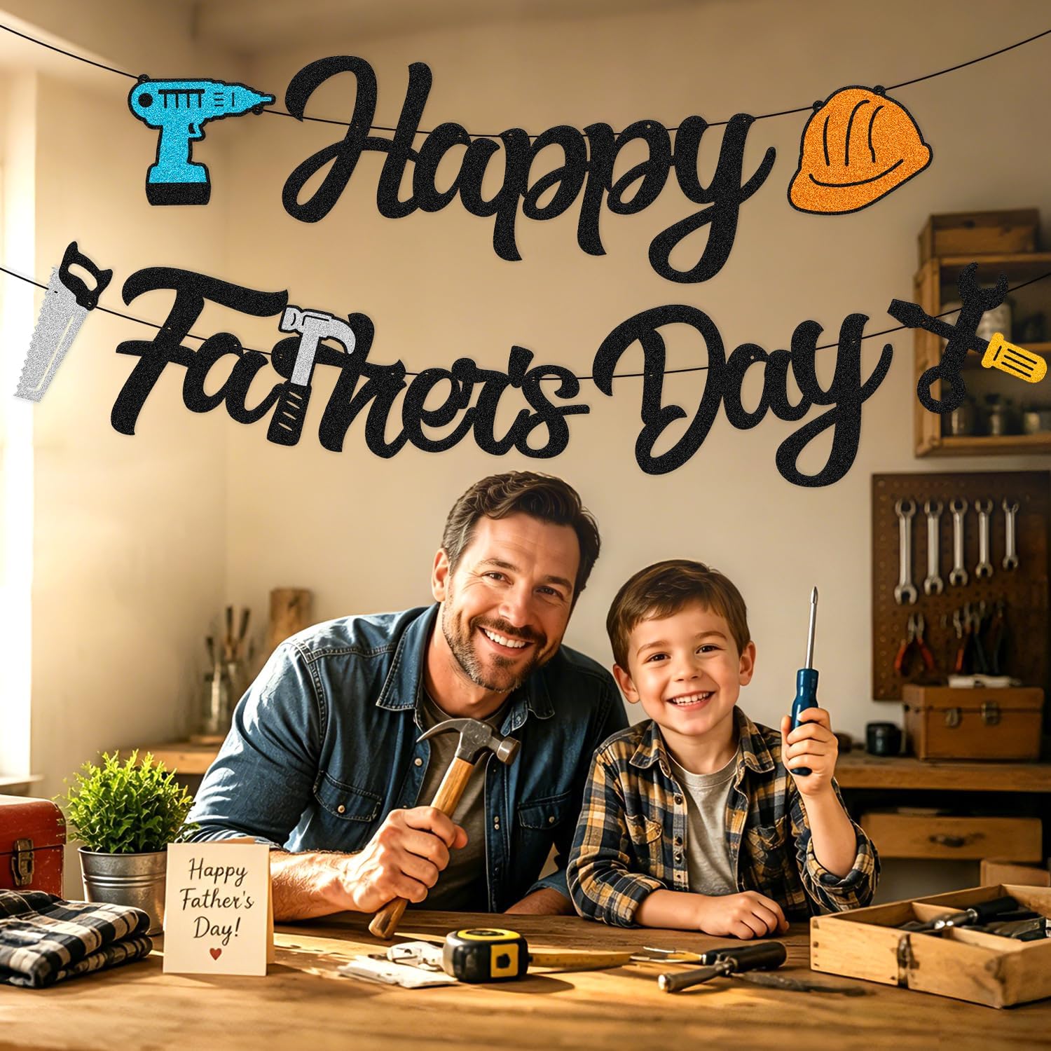 Happy Father’s Day Banner Best Dad Ever We Love You Daddy Garland Tools Theme for Happy Father’s Day Festival Party Supplies Glitter Black Decoration