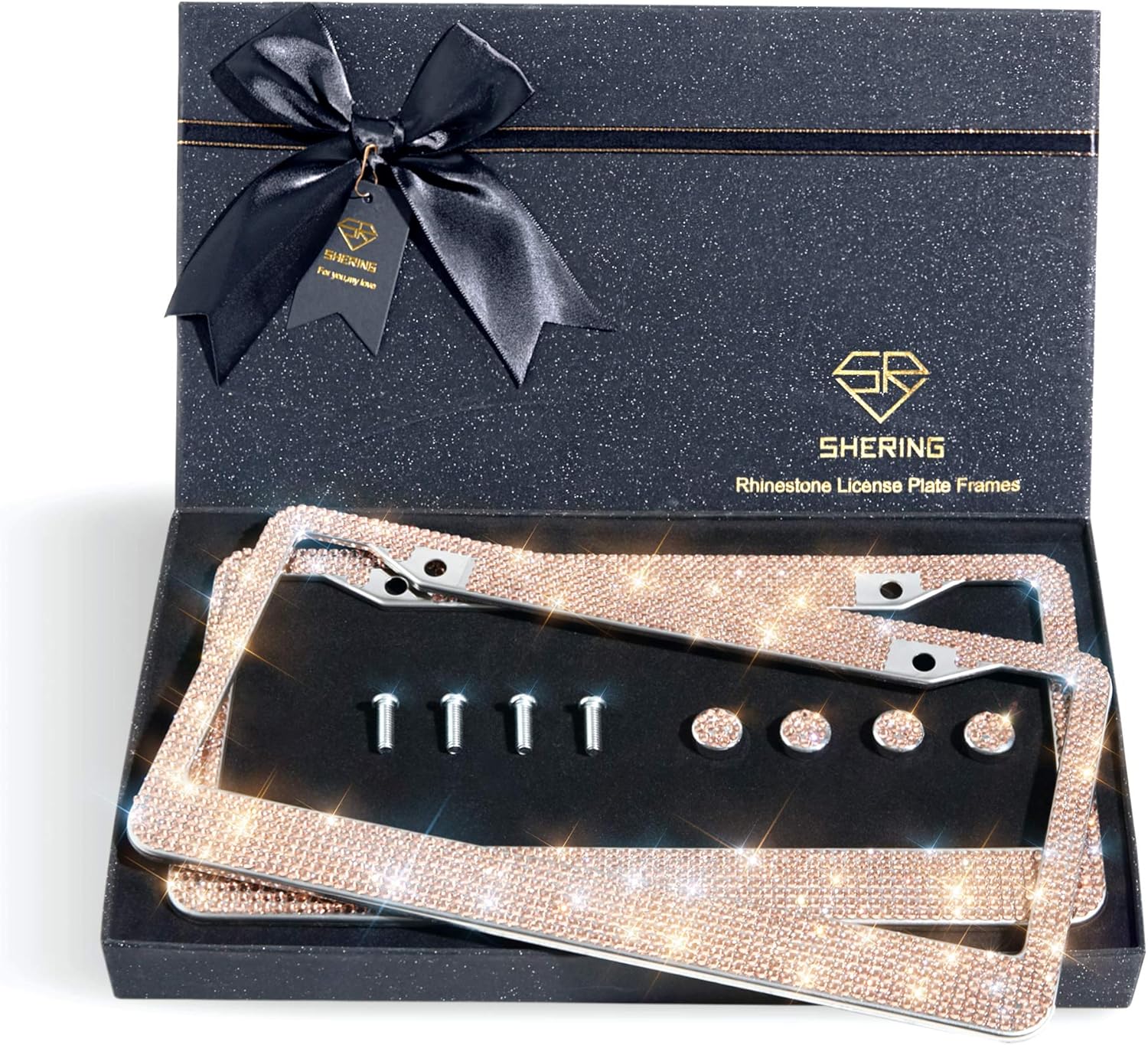 SHERING Bling License Plate Frame, 2 Pack License Plate Frame with Premium Gift Box for Women,Rhinestone License Plate Frames with 1100pcs Rhinestones (Champagne Gold Rhinestones)