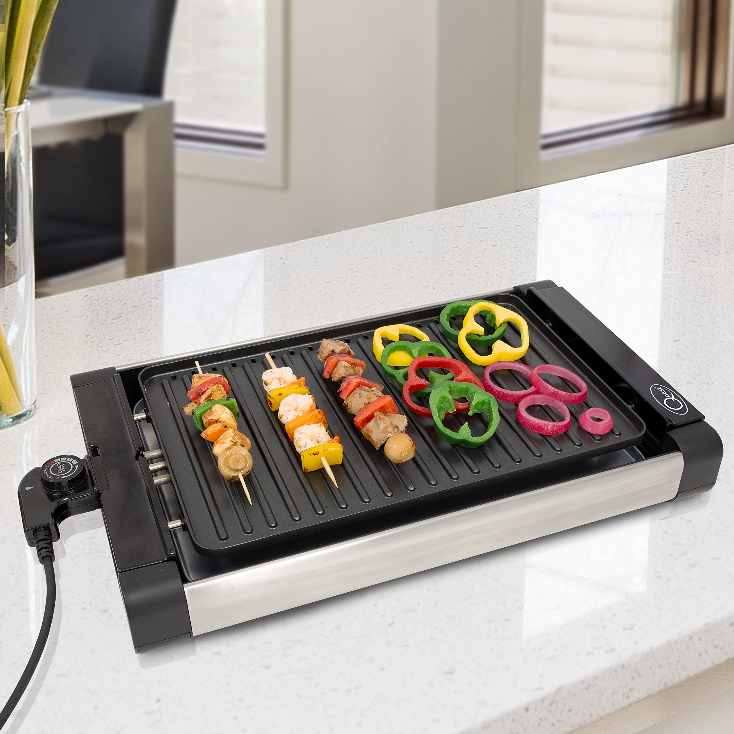 Quest 35779 Premium Indoor BBQ Grill/Adjustable Temperature and Minimal Smoke/Portable, Non-Stick and Easy Clean / 5 Separate Heat Settings/Great for Breakfast, Lunch Or Dinner