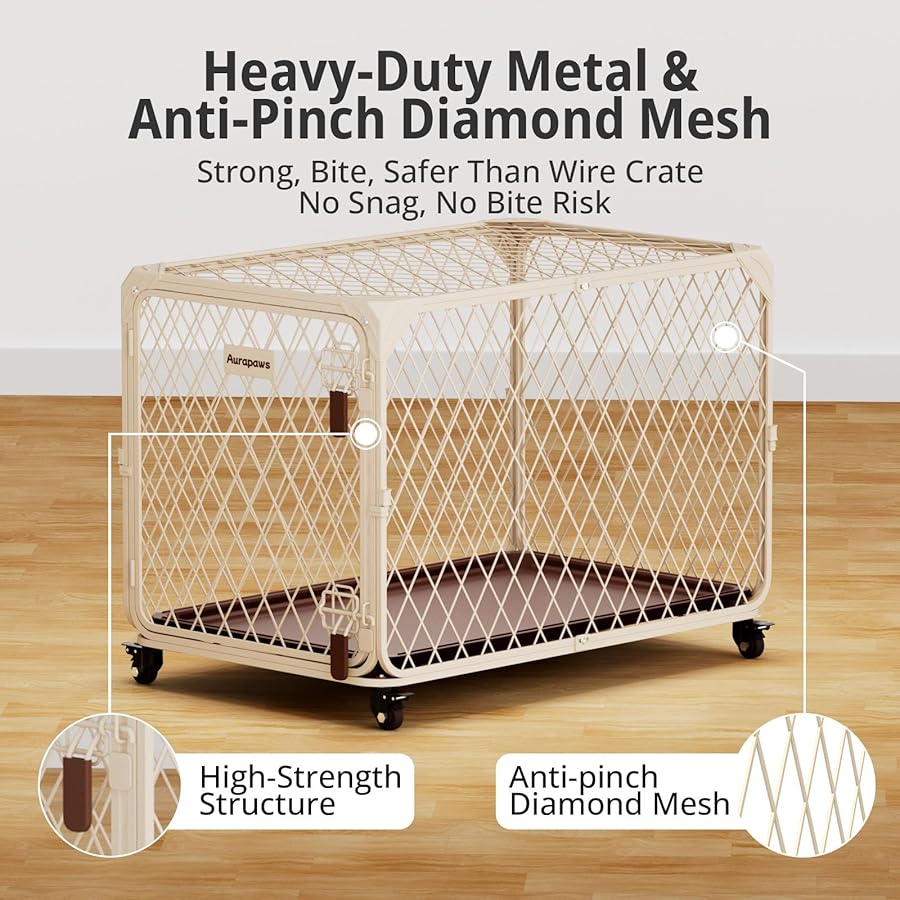 Aurapaws 30 Inch Dog Crate with Lockable Wheel, Diamond Mesh Metal Dog Kennel Cage with Double Secure Latch & Leak-Proof Tray, Escape-Proof Dog Crates for Small Dogs Breeds, Dogs up to 70 lbs - image 2