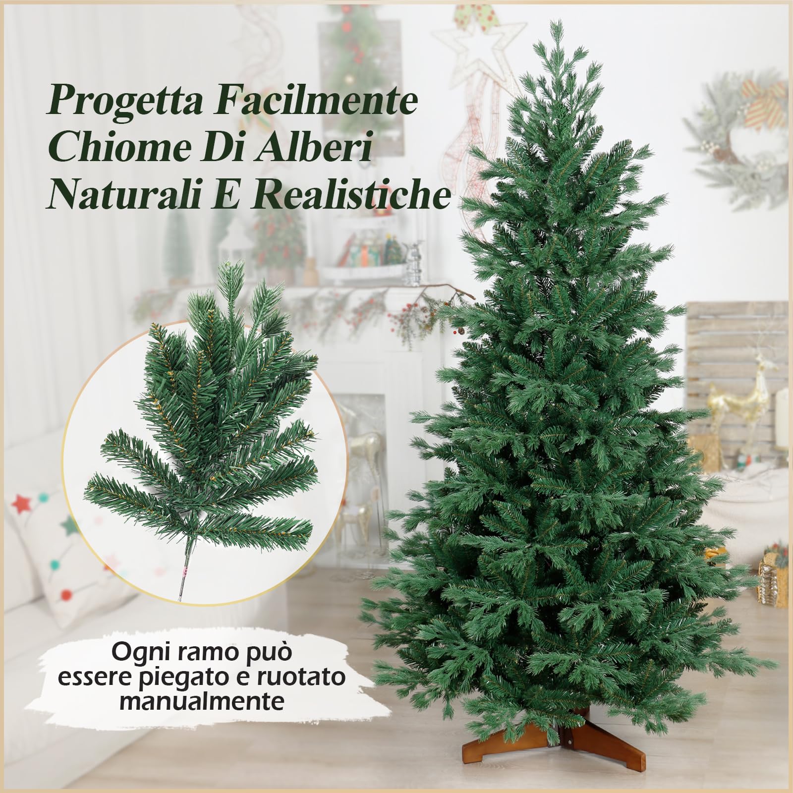 Albero di Natale | Albero di Natale Artificiale 210cm, 1186 Punte mix Realistico di PE+PVC Montaggio Rapido Pieghevole Riutilizzabile, Abete Realistico Struttura in Metallo e Base in Legno per Interni