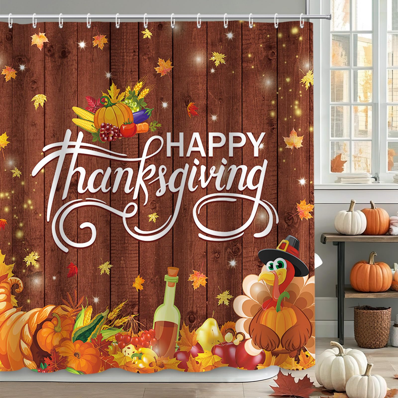 MEHOFOND Happy Thanksgiving Turkey Shower Curtain, Rustic Wood Pumpkin Fall Autumn Harvest Shower Curtain Fall Bathroom Set Holiday Bath Bathtub Decor Fabric Machine Washable with 12 Hooks 72"x72"