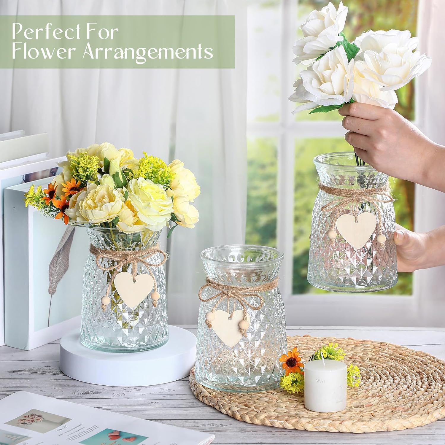 3 Pcs Glass Bud Vases with Twine Rope and Heart Label 6.3 Inch Boho Vintage Vase Flower Decorative Glass Vase for Centerpieces Holiday Wedding Home Table Decorations (Clear)