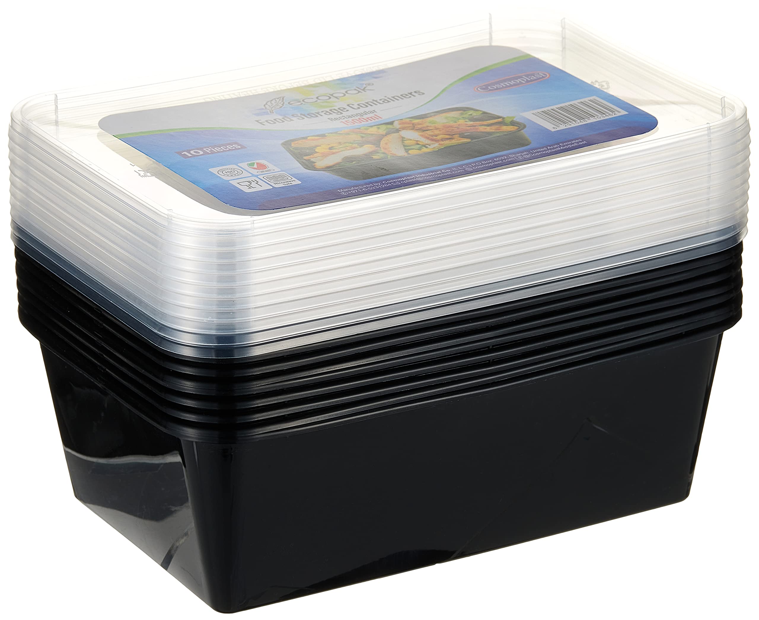 Cosmoplast 1500 Ml Pack Of 10 Black Microwave Containers With Clear Lids
