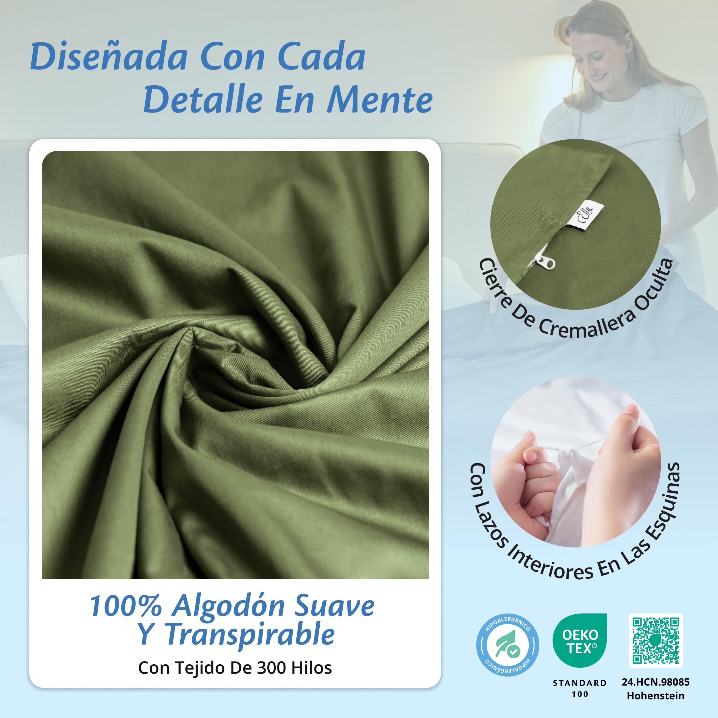 Ella - Funda nórdica de 150 x 200 cm, para manta de peso para adultos, 100% algodón, ideal para mantas ponderadas de 7 kg y 9 kg, color verde oliva