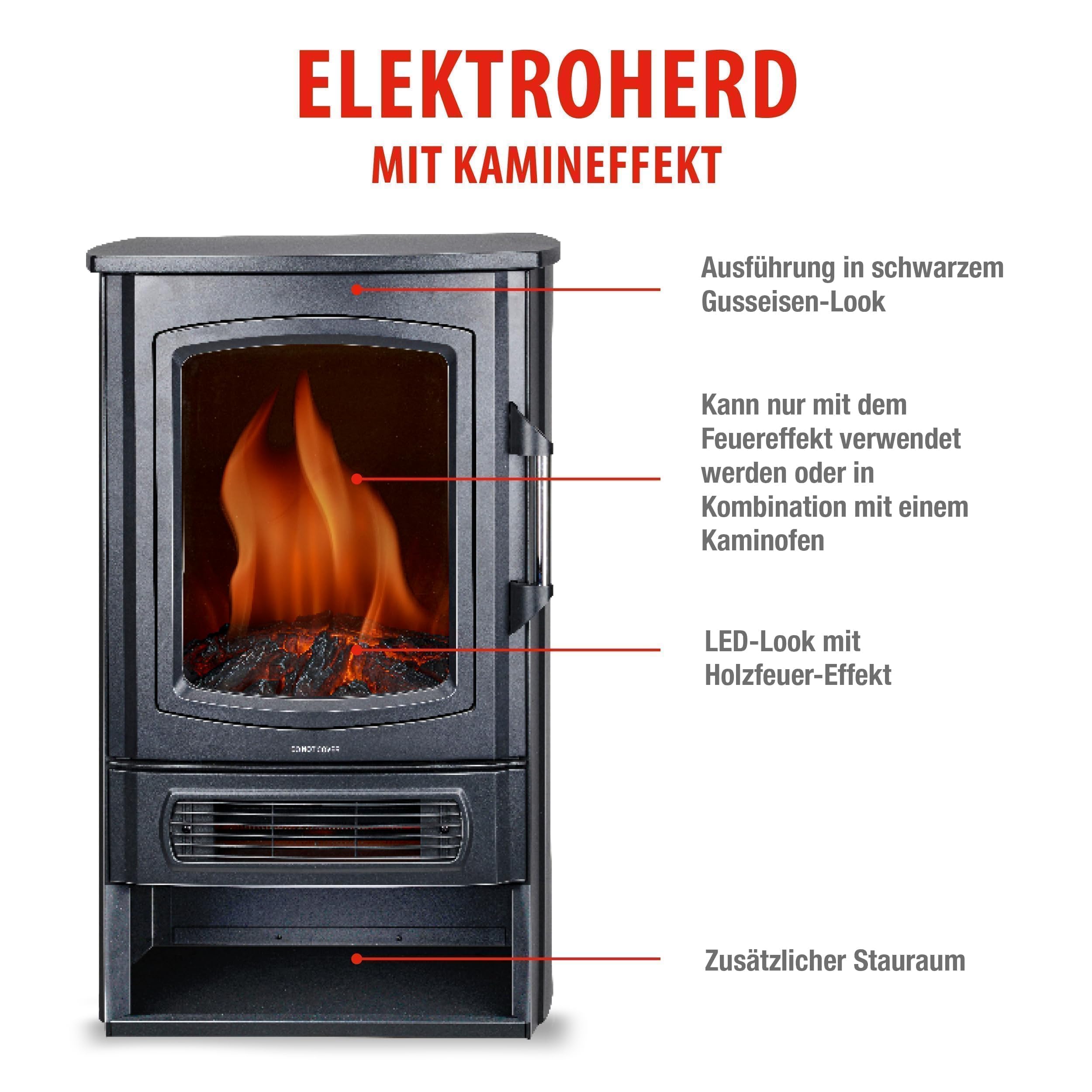 alpina Helsinki ND-183 kominek elektryczny z ogrzewaniem i ogniem kominkowym, z ogrzewaniem, efekt płomienia LED, regulowany termostat 1000 W, 2000 W, przewód zasilający 1,5 m, metal, czarny